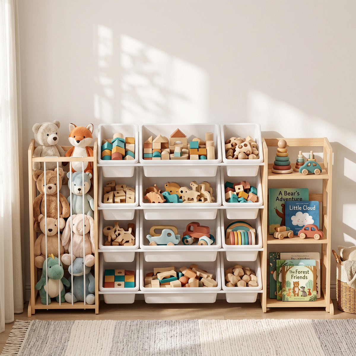 AIYAPLAY Wooden Toy Storage Unit with Stuffed Animal Storage, Bookshelf and 12 Bins for Kids Rooms, Bedroom, Playroom, Nursery