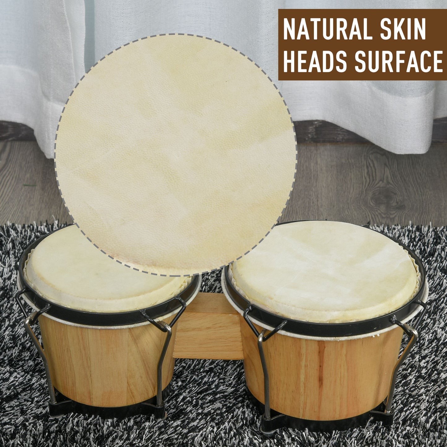 HOMCOM Wooden Bongo Drum Set Î¦7.75" & Î¦7" w/ Drum Head, Percussion Instrument, Drums, Tuning Wrench For Adults Beginners