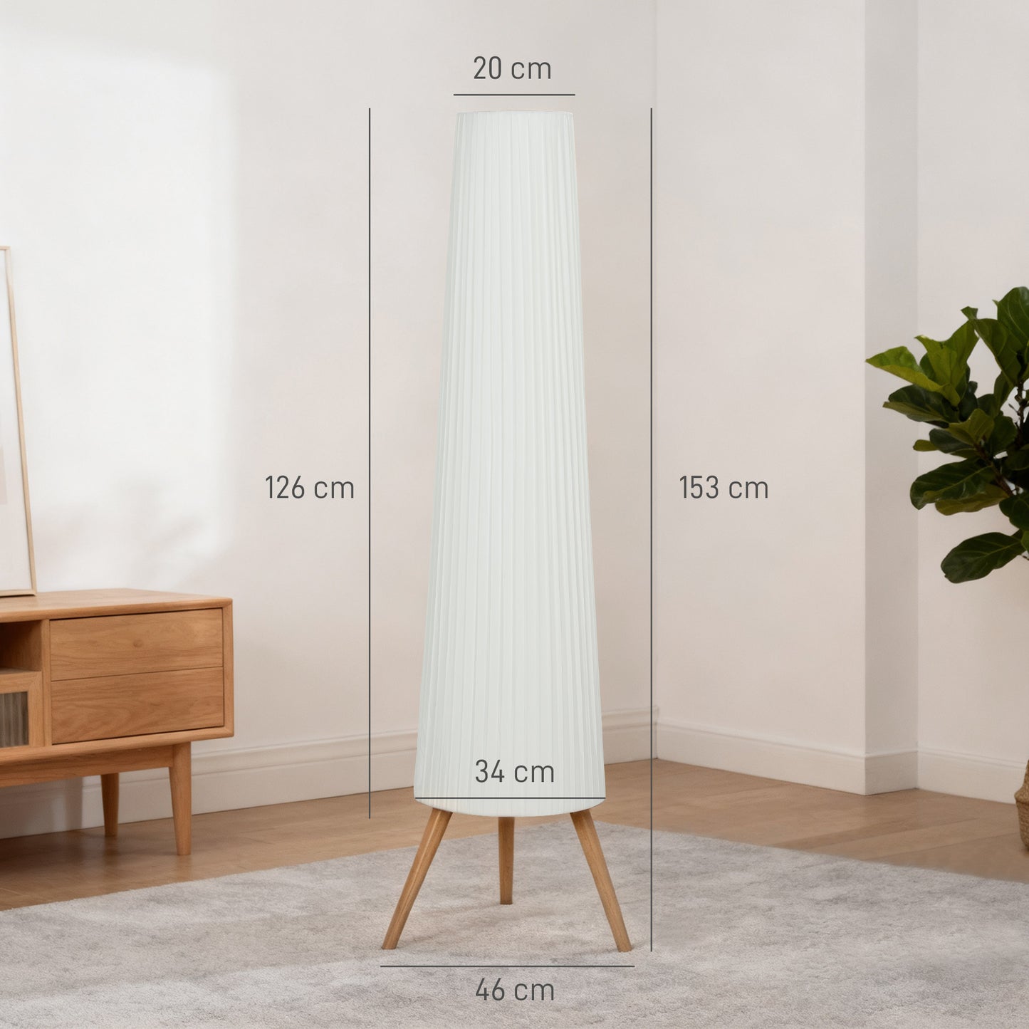 HOMCOM Dimmable Tripod Floor Lamp with Foot Switch, Nordic Standing Lamp with Wood Legs and Fabric Shade for Living Room, Bedroom, Office, 153cm, White