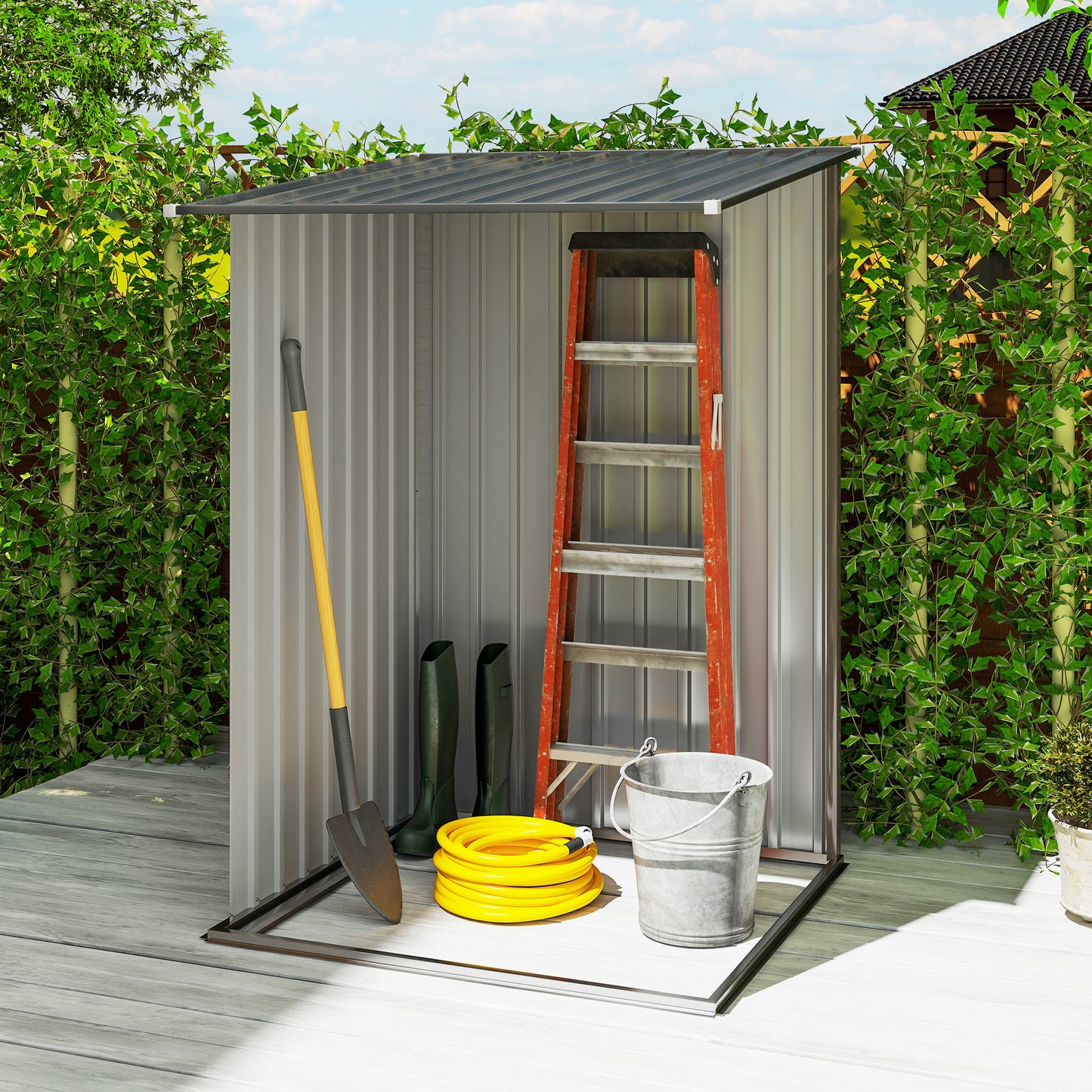 Outsunny 3.3 x 3.4ft Lean To Steel Garden Shed, with Locking Door - Brown/Grey