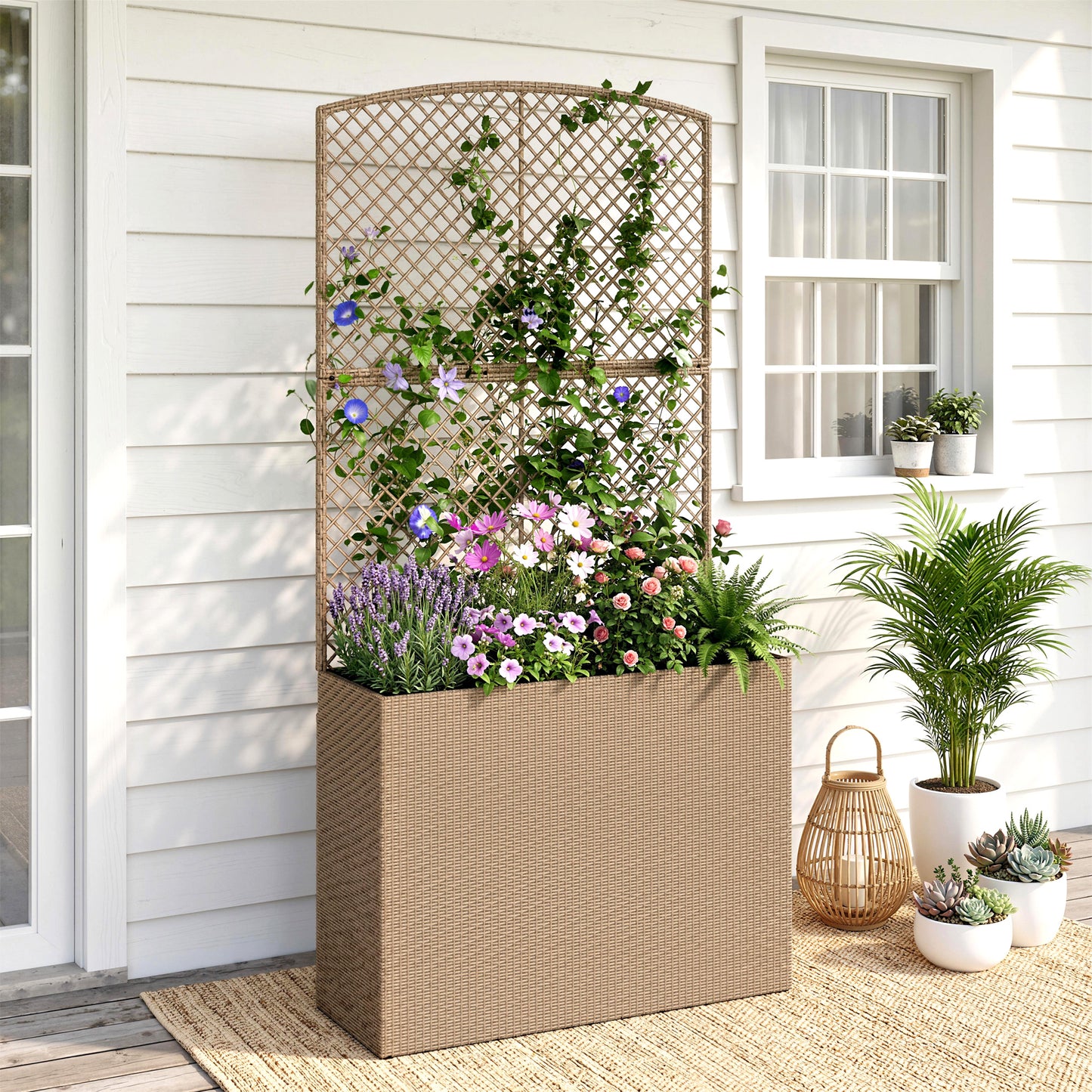 Outsunny Rattan Planter with Trellis, Raised Beds for Garden with Liner for Climbing Plants Vegetables Flowers, Light Grey