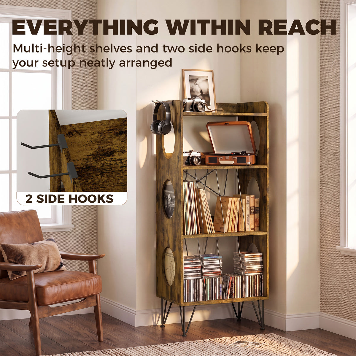 HOMCOM Record Player Stand Open Multi Compartment Media Shelf Home 2 Hooks Rustic Brown
