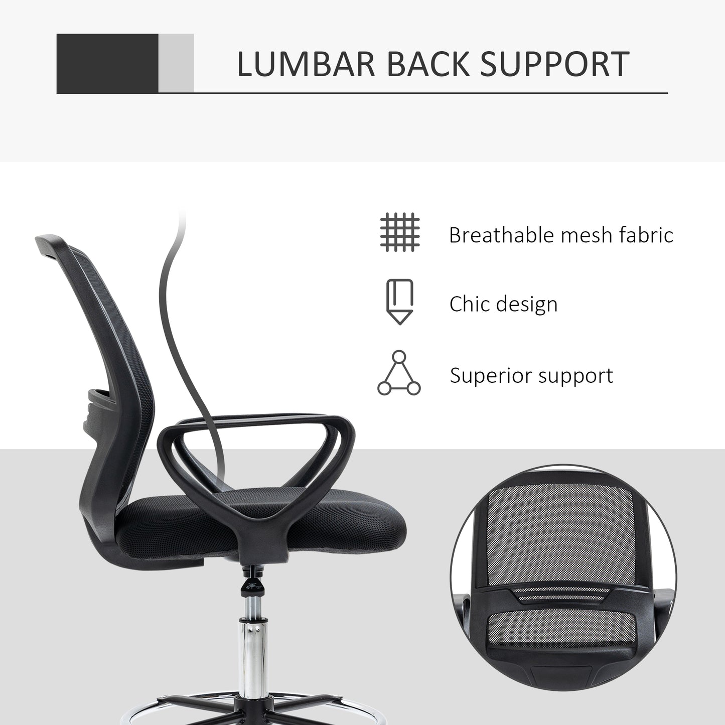 Vinsetto Ergonomic Mesh Back Draughtsman Chair, Tall Standing Desk Chair with Adjustable Height and Footrest 360Â° Swivel, Black