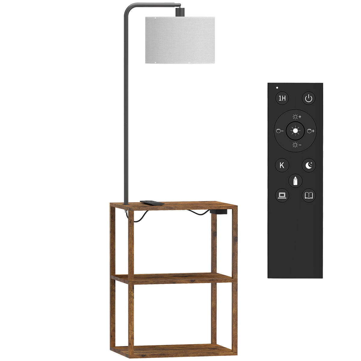HOMCOM Dimmable Floor Lamp with Shelves, Charging Station, 3-Tier Storage Table, Adjustable Fabric Lampshade, Rustic Brown Default Title