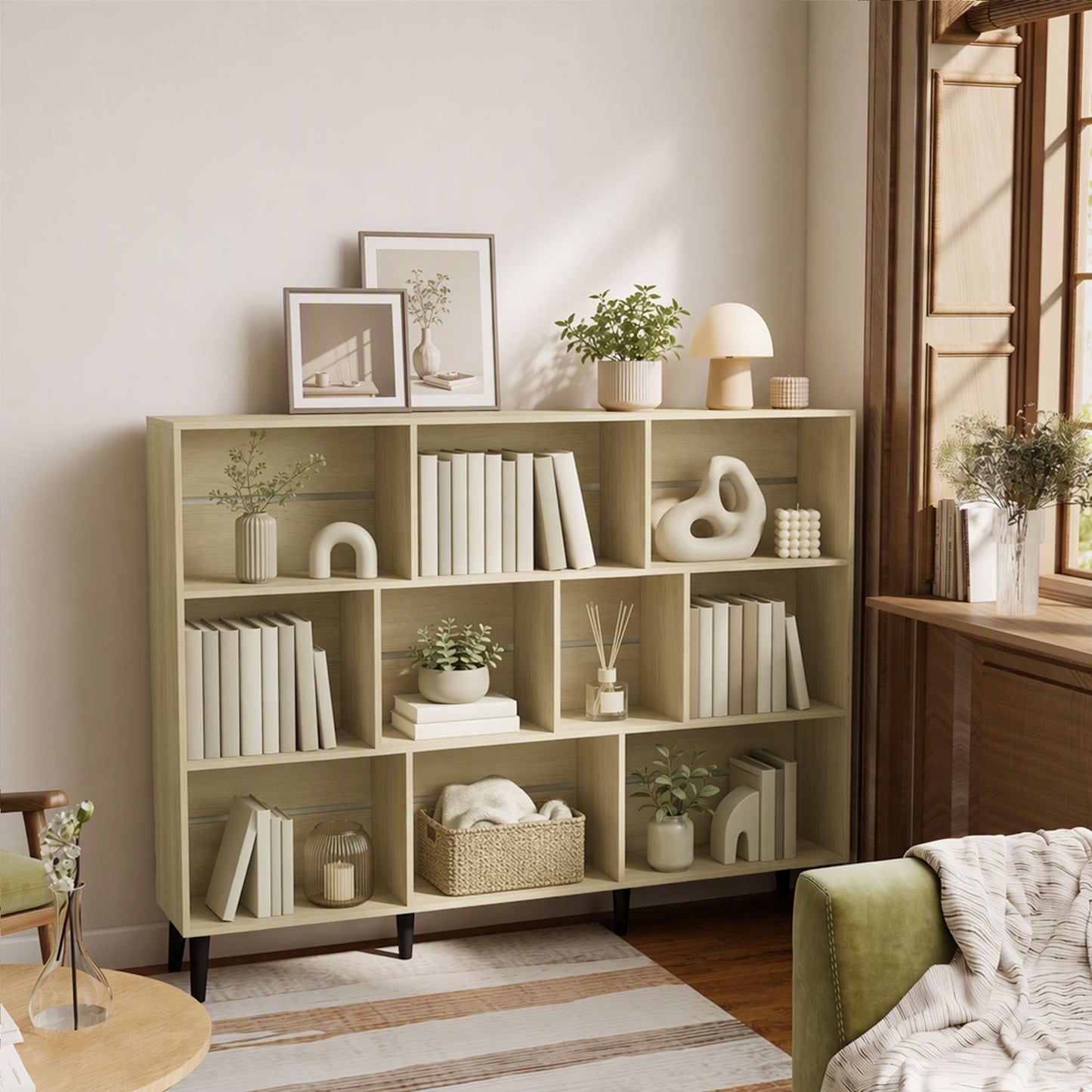 HOMCOM 10-Cube Bookcase, 3-Tier Book Shelf with Solid Wood Legs, 140 cm Modern Bookshelf with Anti-Tip Kit, Oak