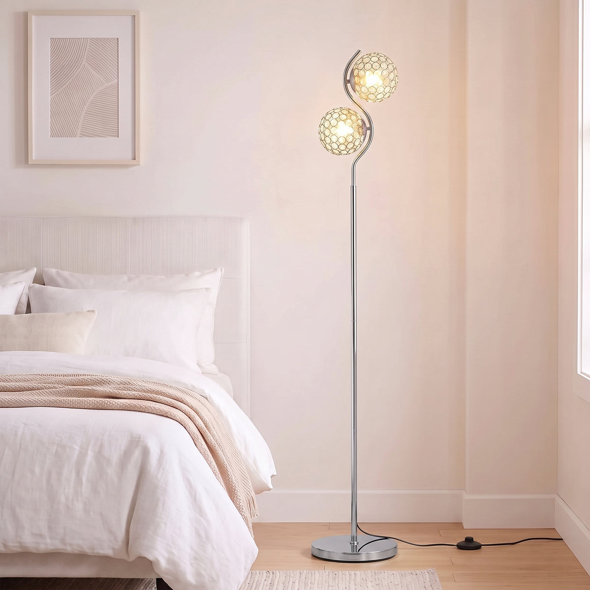 HOMCOM Floor Lamp with Crystal Globe Shades, Modern Dual Head Standing Lamp with Foot Switch and Weighted Base, Silver