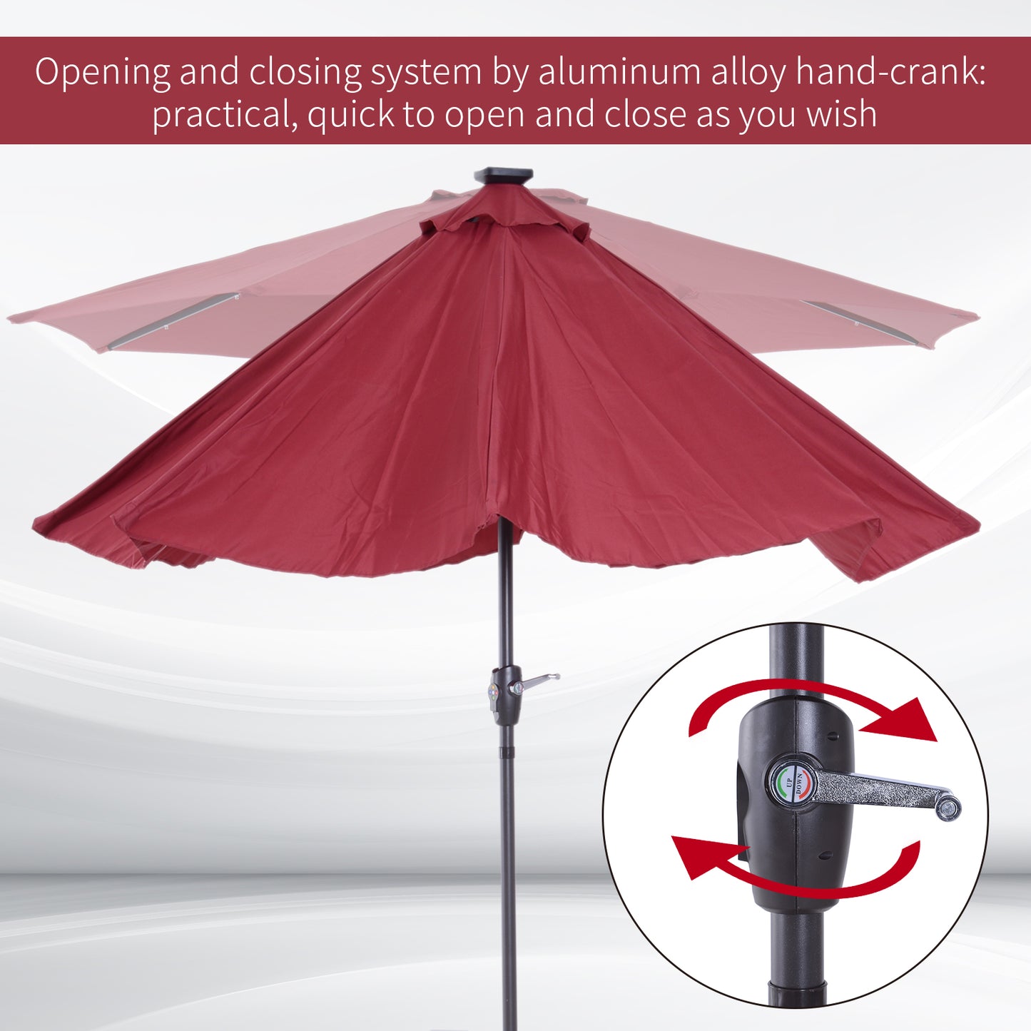 Outsunny Î¦2.7m Garden 24 LED Light Parasol Solar Outdoor Tilt Sun Umbrella Patio Club Party Event Manual Sun Shade w/ Hand Crank and 8 Ribs, Red