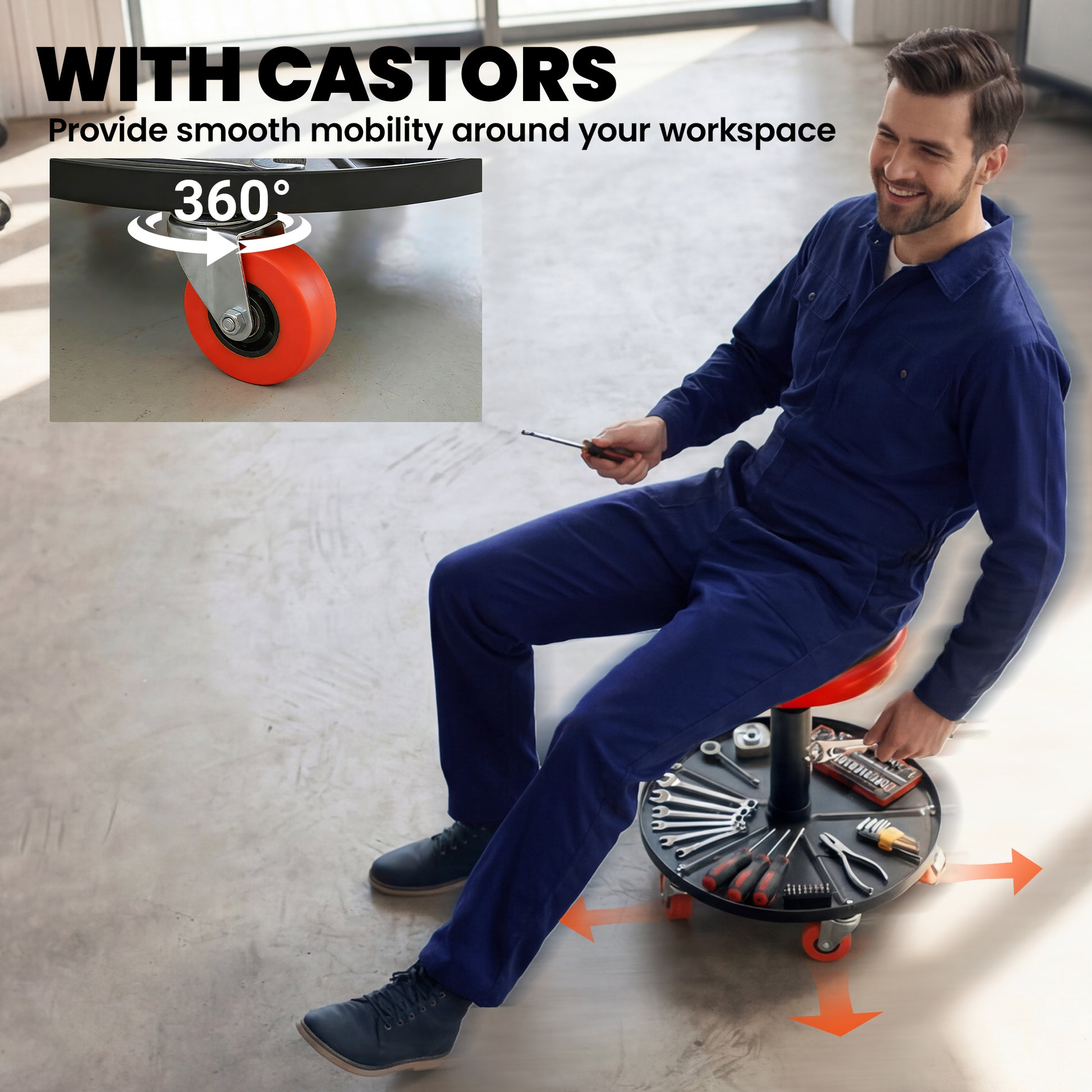 HOMCOM Rolling Mechanical Stool, Pneumatic Adjustable Workshop Stool with Tool Tray, Wheels - Orange