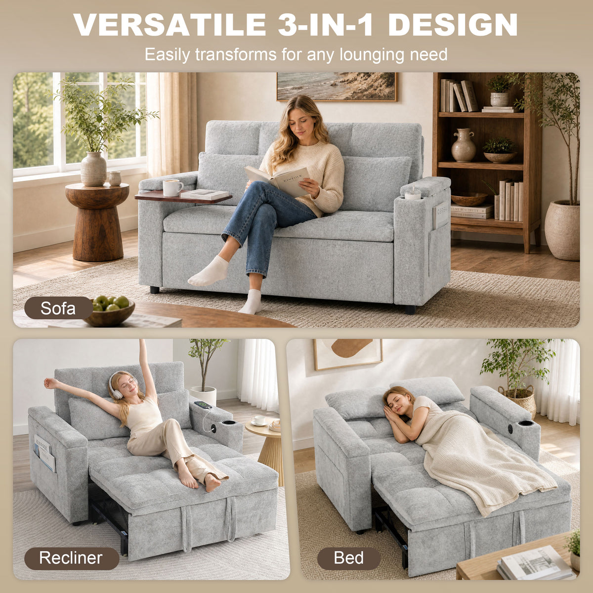 HOMCOM 2 Seater Sofa Bed, 3-in-1 Convertible Pull Out Sleeper Bed with Hidden Table, USB Port, Armrest Storage, Grey