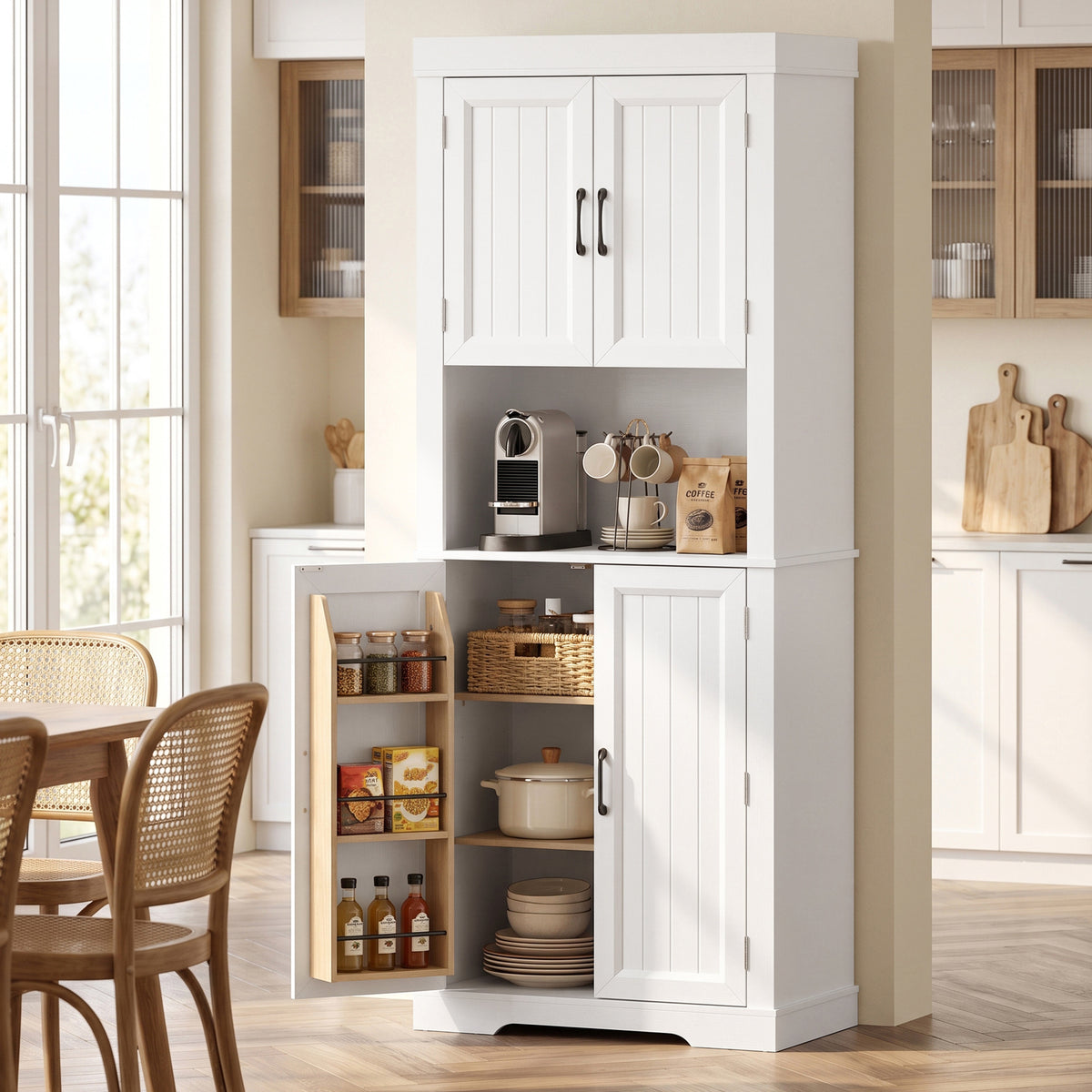 HOMCOM 183 cm Tall Kitchen Cupboard, Kitchen Cabinet with Open Countertop, Door Racks and Adjustable Shelves, White