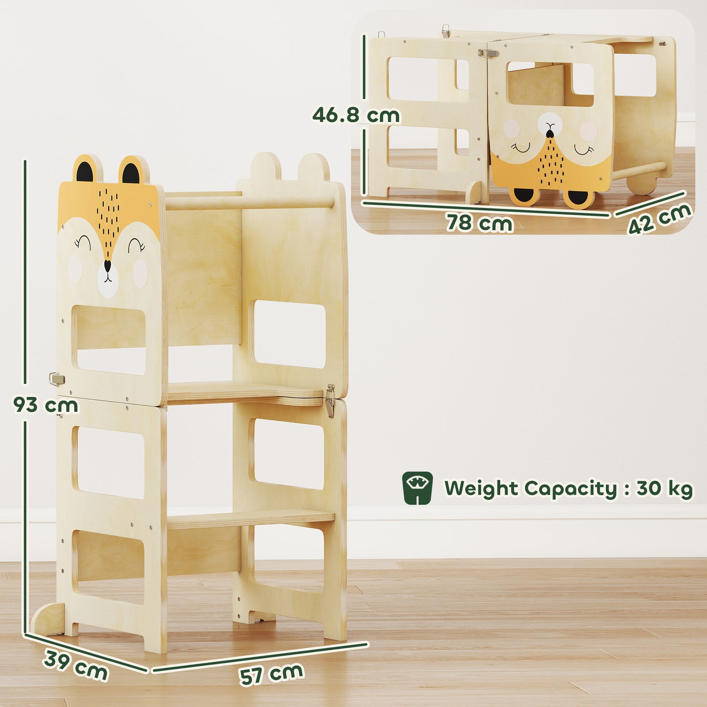 AIYAPLAY Toddler Step Stool, Standing Tower with Chalkboard, 3-in-1 Fox-Shaped Step Stool for Kitchen Counter, Natural