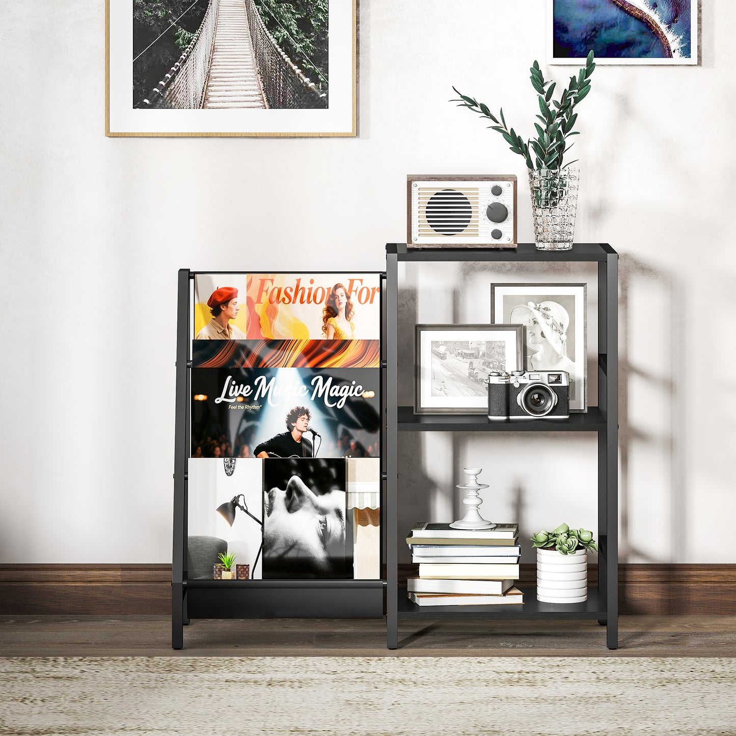 HOMCOM 3-Tier Record Player Stand, End Table for Living Room, Bedroom - Black Wood Effect