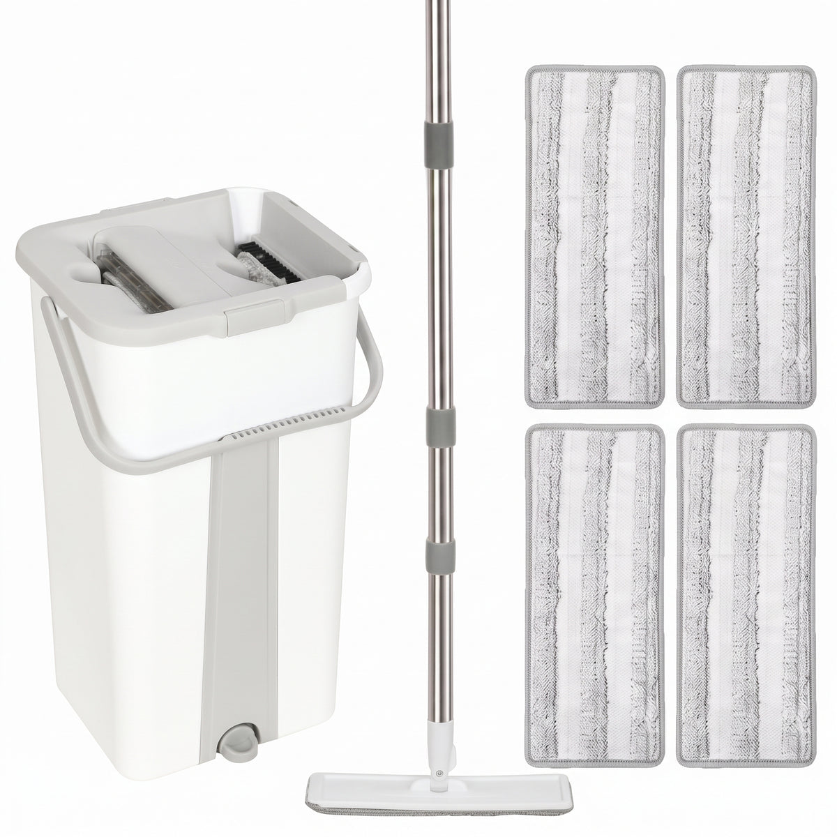 HOMCOM Mop and Bucket Set, Compact Flat Mop System with Wringer, 2-Chamber Design, 5 Reusable Pads, 127cm Handle, White