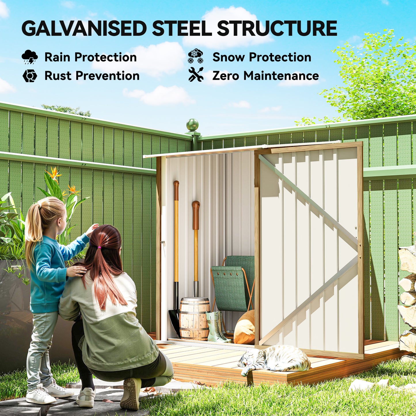 Outsunny 3.3 x 3.4ft Lean To Steel Garden Shed with Locking Door - Light Brown Wood Effect/White
