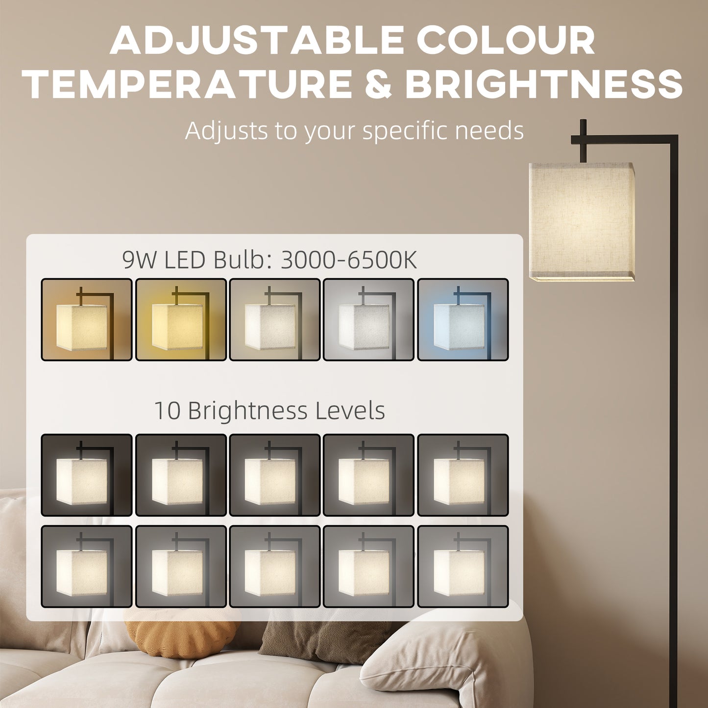 HOMCOM Floor Lamp for Living Room, 66" Modern Tall Standing Lamp with Adjustable Colour Temperatures & 10 Brightness Levels, Remote Control and Foot Switch for Bedroom Office, 9W LED Bulb Included