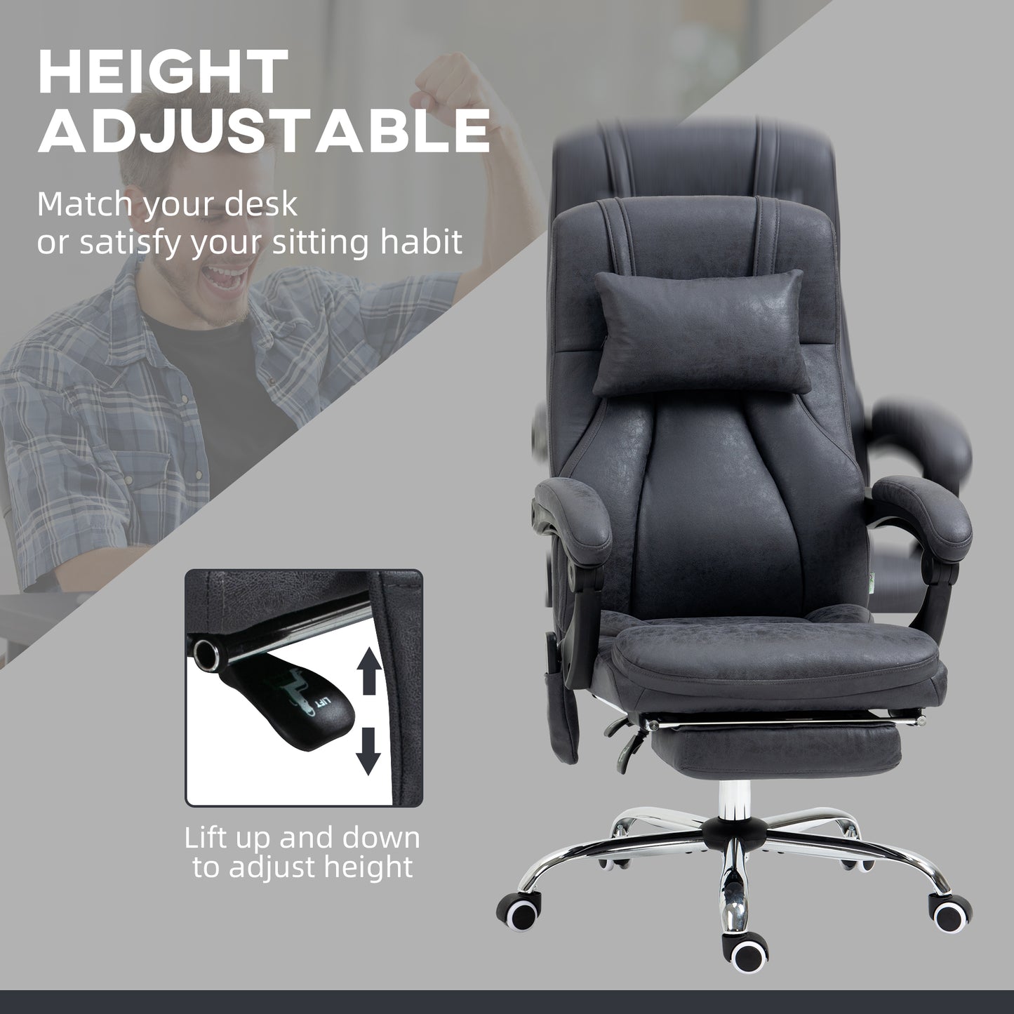 Vinsetto Office Chair with Lumbar Massage, 135Â° Reclining Computer Chair with Adjustable Headrest, Retractable Footrest, 10cm Double Padded Seat, Microfiber Fabric, Metal Base, Dark Grey