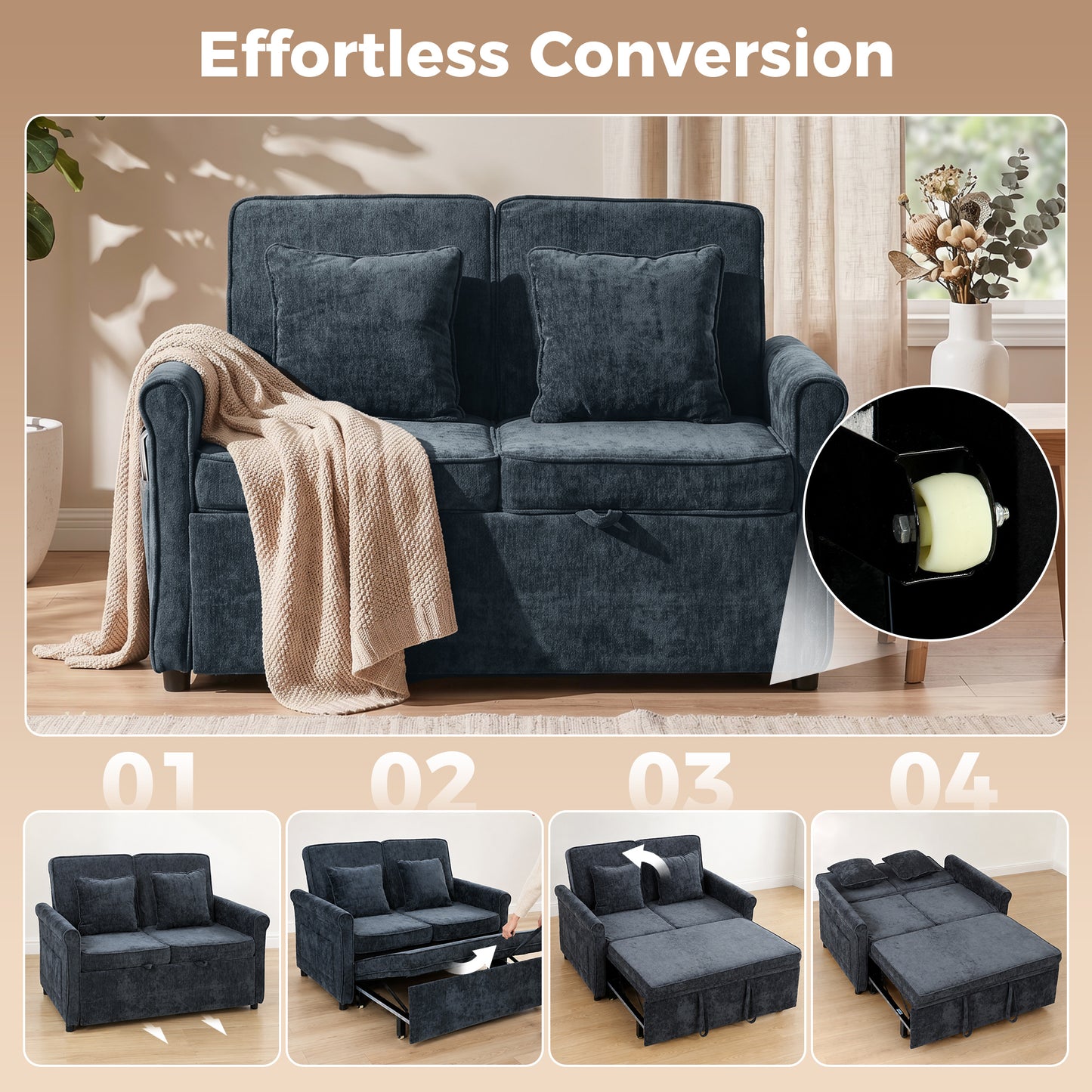 HOMCOM 2 Seater Sofa Bed 3-in-1 Convertible Chenille Pull Out Sleeper Sofa with 5-Position Adjustable Backrest, Dark Blue