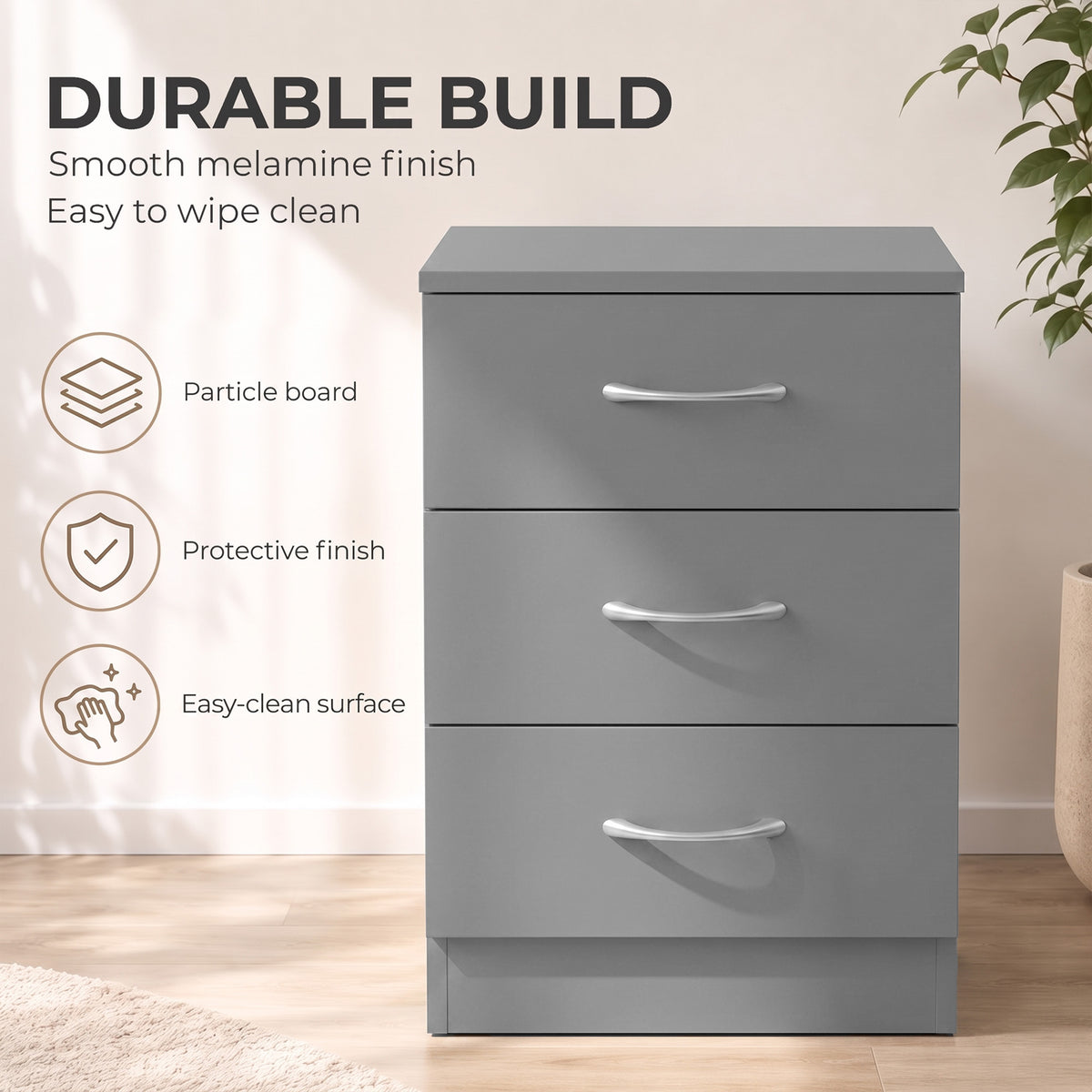 HOMCOM Three-Drawer Simple Bedside Table - Grey