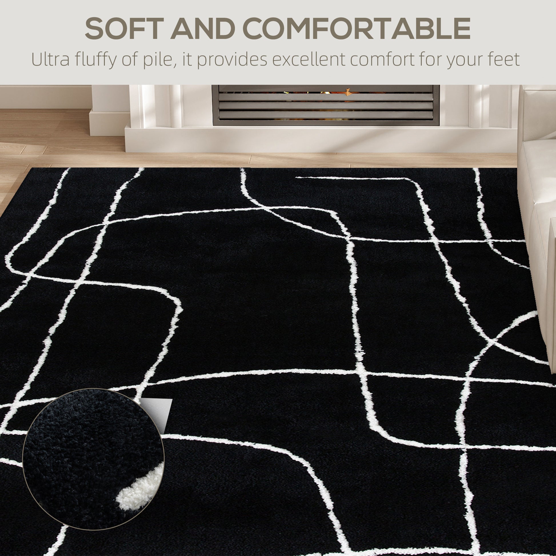 HOMCOM Modern Fluffy Area Rug, Geometric Pattern Washable Rug, Soft High Pile Floor Carpet for Living Room, Bedroom, Dining Room, Home Office, 170 x 120 cm, Black