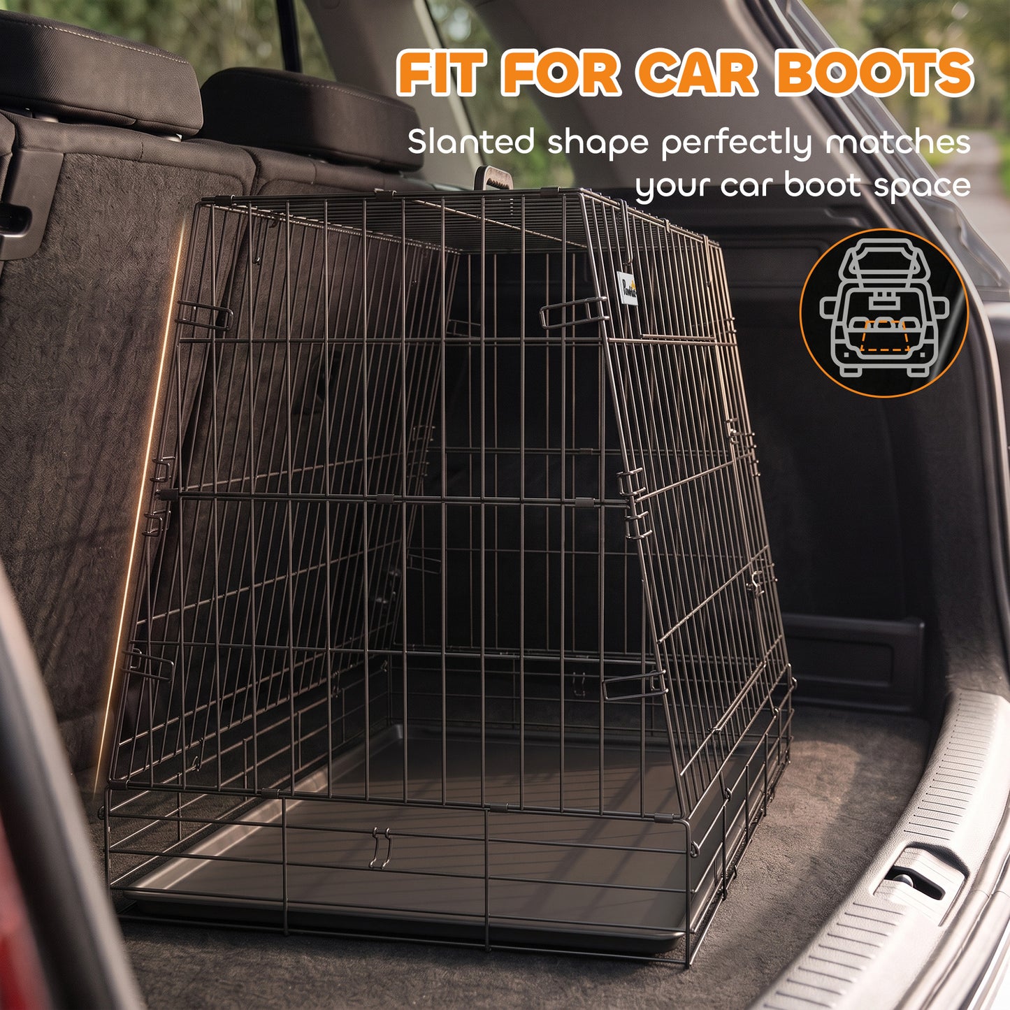 PawHut 35"(90 cm) Car Dog Crate Medium Large Collapsible Slanted Travel Dog Cage with Tray for Car Boot