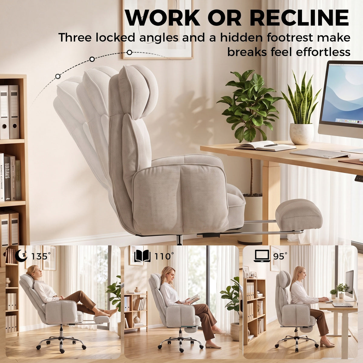 HOMCOM Executive Office Chair Height Adjustable Desk Chair Reclining Flip-up Armrest Footrest, Beige