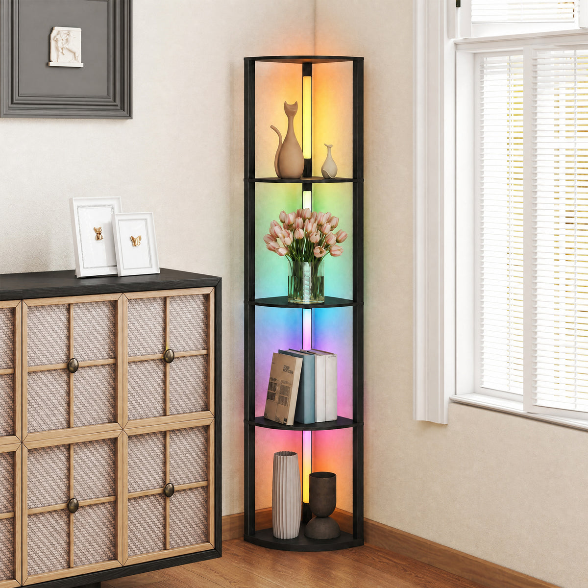 HOMCOM RGB LED Floor Lamp with Shelves, 4-Tier Dimmable Standing Lamp with Adjustable Brightness and Remote Control, Black