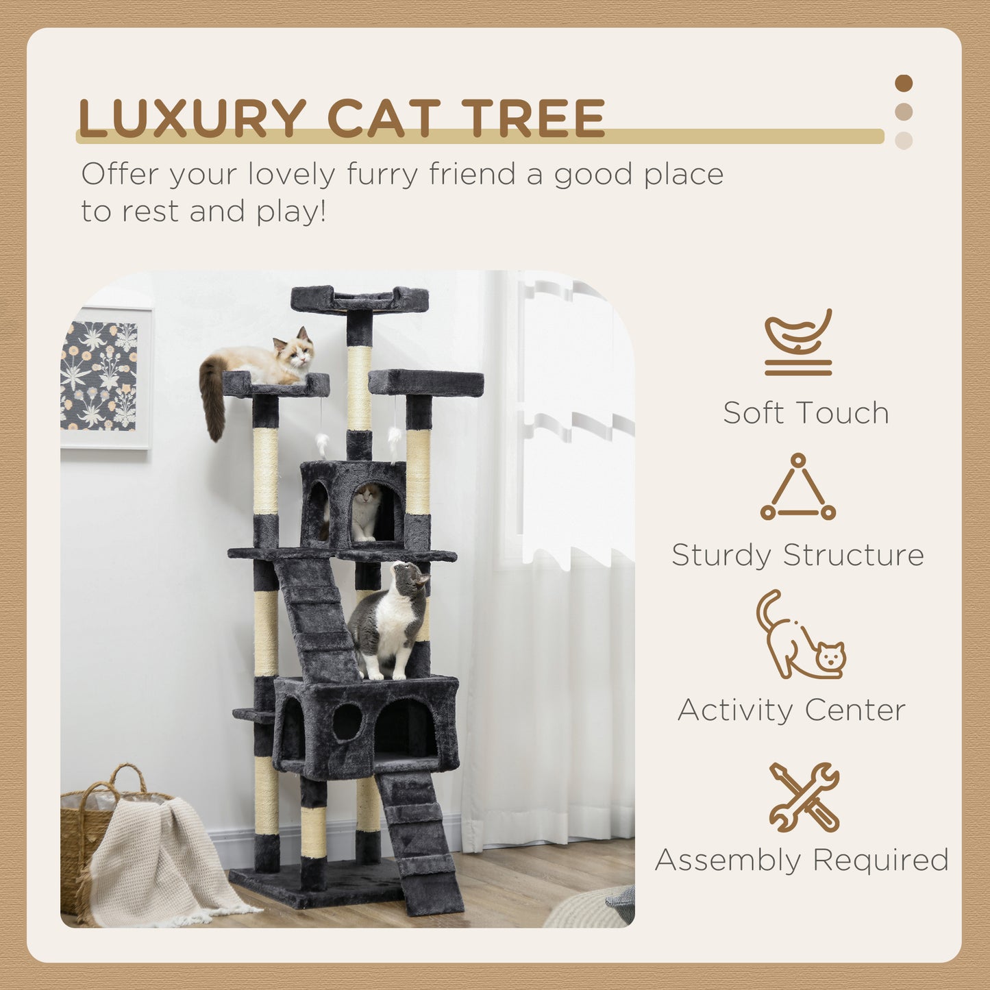 PawHut 173cm Cat Tree Scratching House, Activity Play Centre, Charcoal Grey