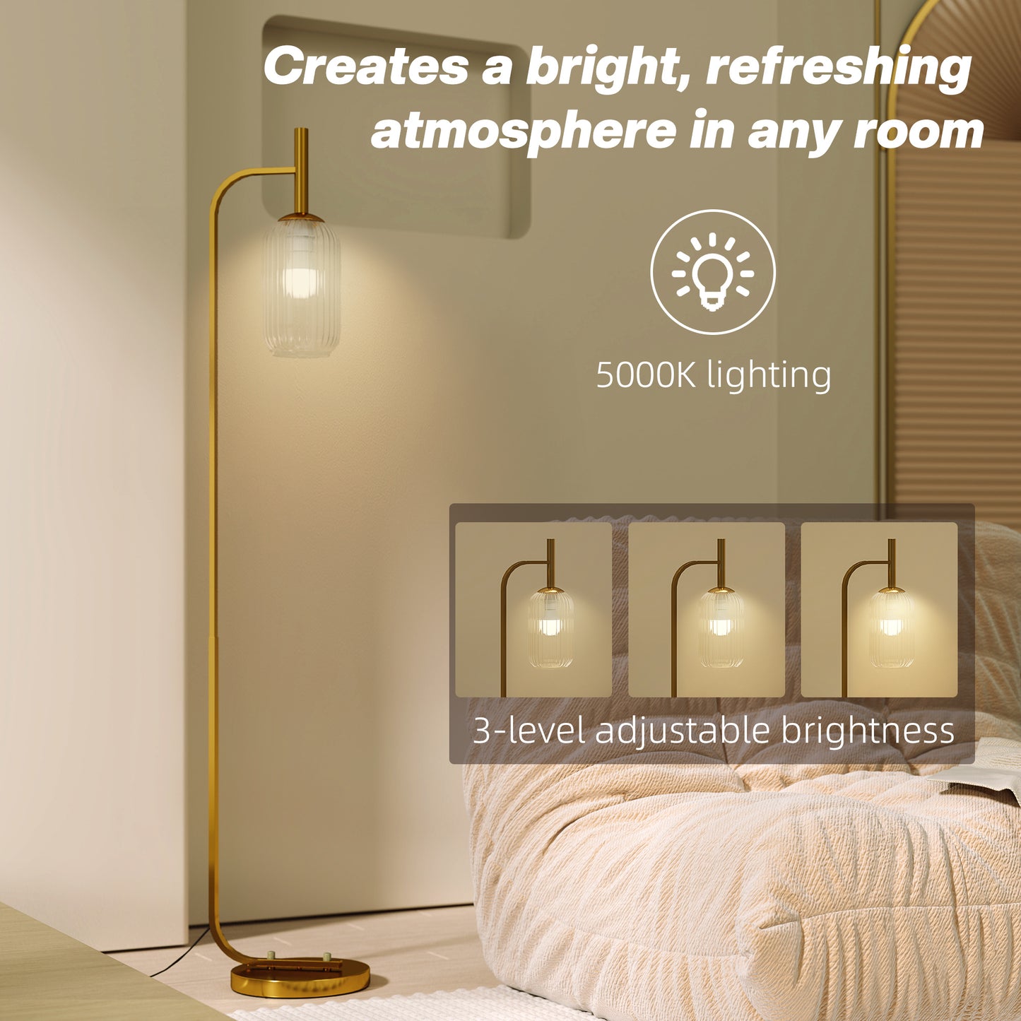 HOMCOM LED Floor Lamp for Living Room with Glass Lampshade, Modern Standing Lamp with Foot Switch, Adjustable Brightness, 2700K for Bedroom, Gold Tone