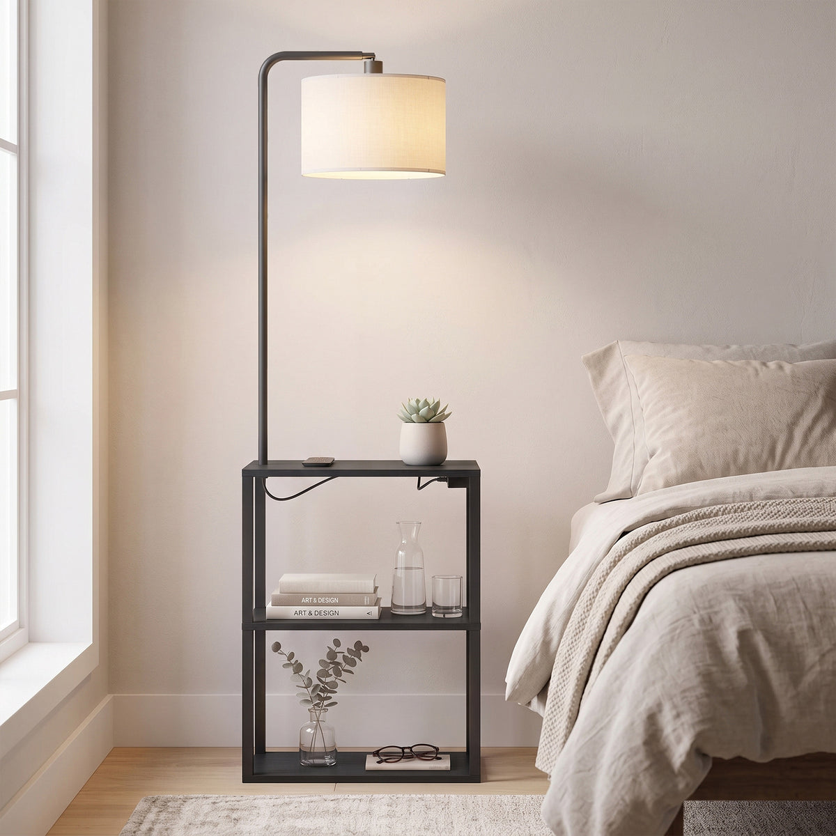 HOMCOM Dimmable Floor Lamp with Shelves, Charging Station, 3-Tier Storage Table, Adjustable Fabric Lampshade, Black