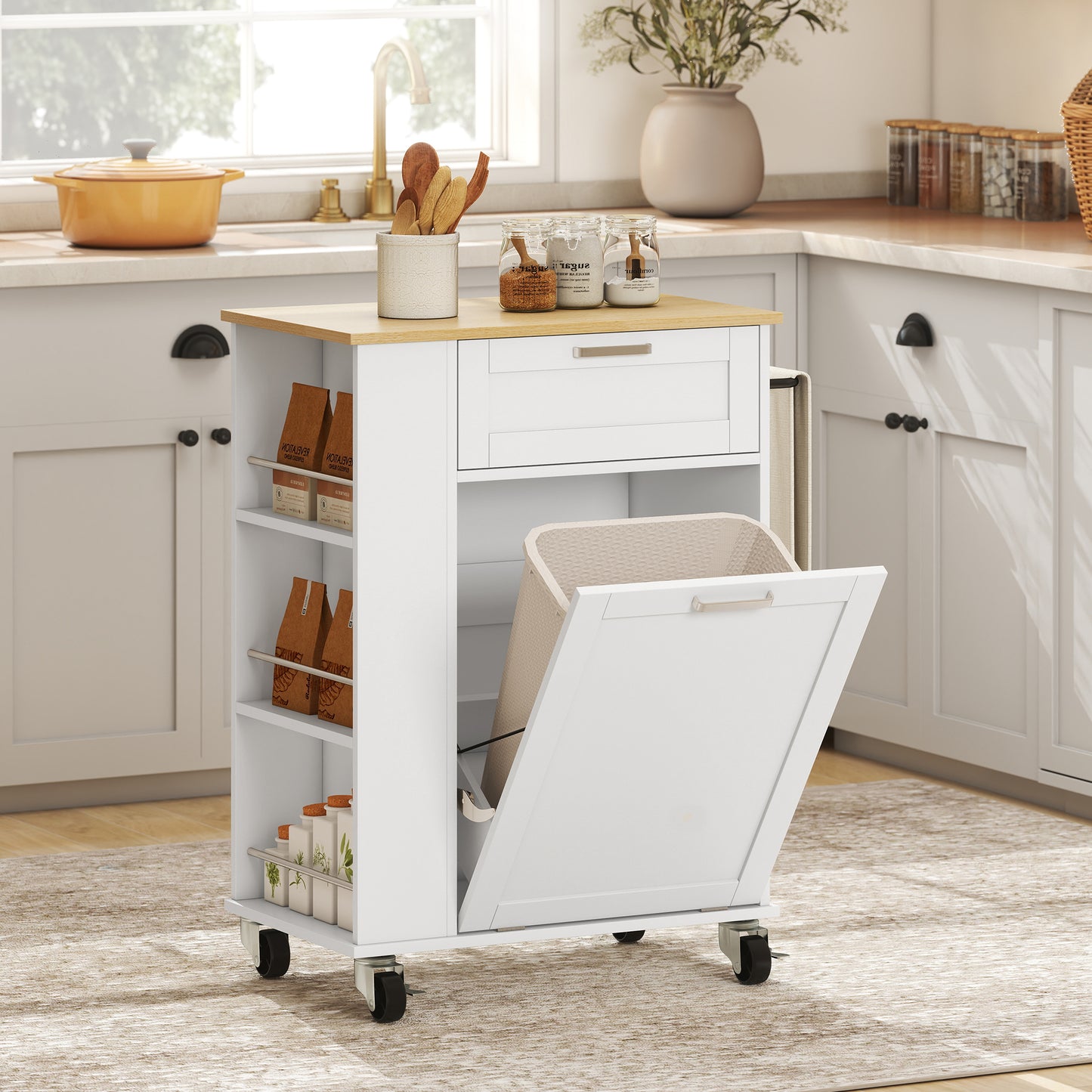 HOMCOM Kitchen Storage Trolley on Wheels, Rolling Kitchen Island with 2 Drawers, Tilt-Out Rubbish Cabinet and Storage, White