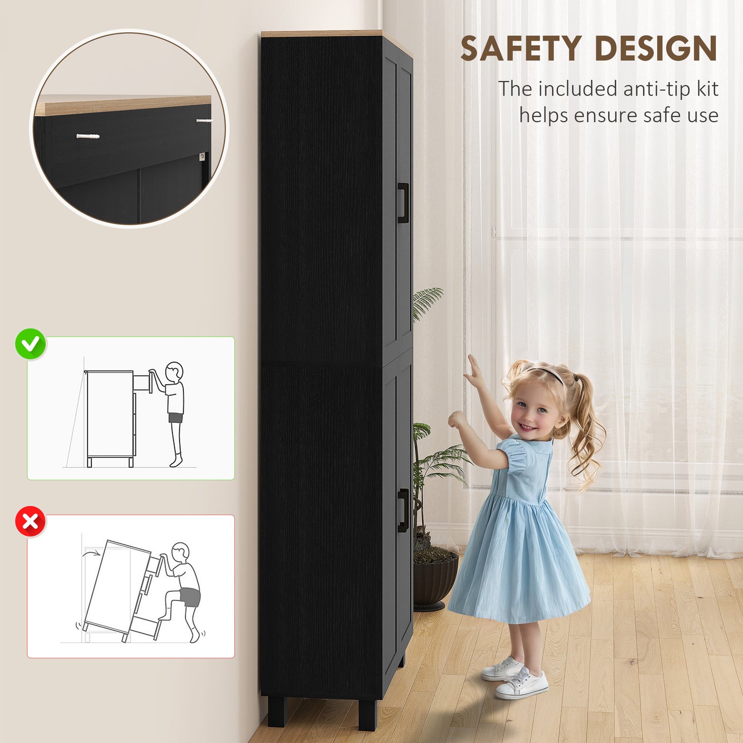 HOMCOM Freestanding Kitchen Cupboard, 4-Door Storage Cabinet with Adjustable Shelves, Modern Kitchen Pantry for Dining Room, 170cm, Black