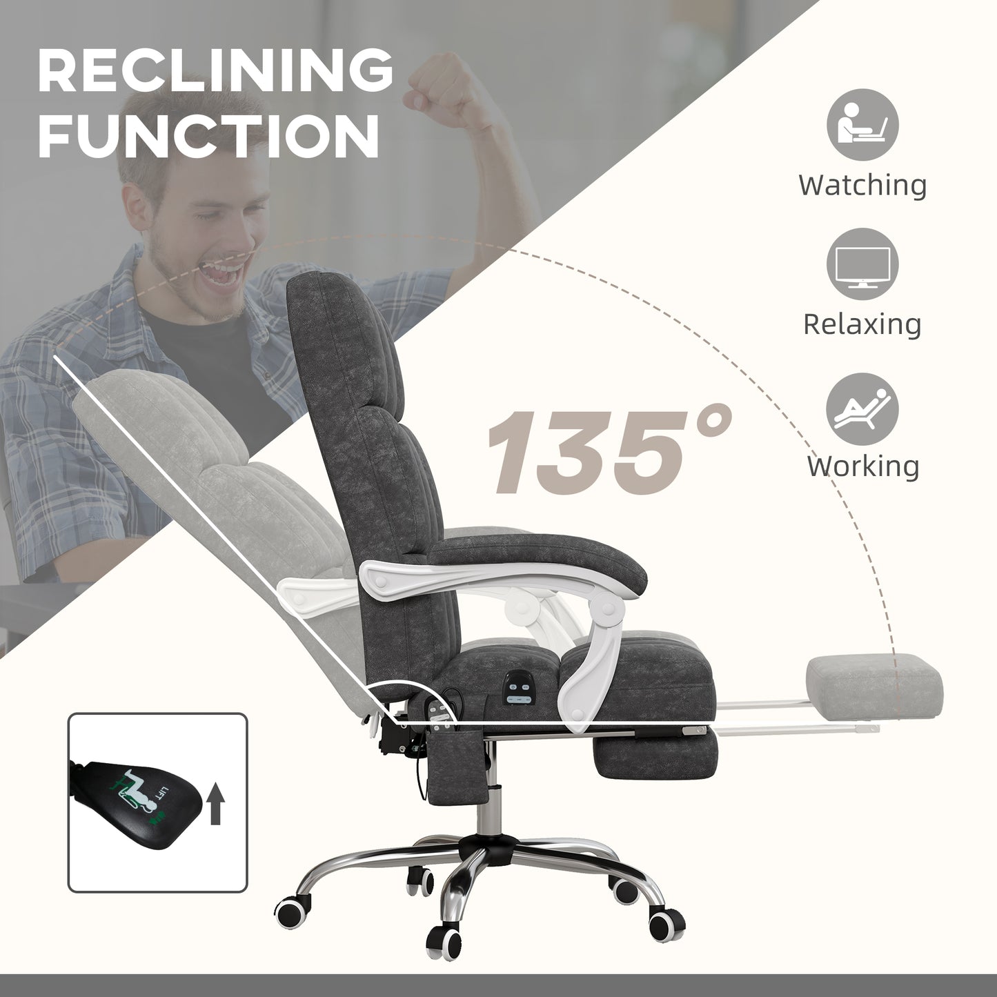 Vinsetto Massage Office Chair, Ergonomic Desk Chair, Comfy Work Study Chair with Heat, Padded Seat, 135Â° Reclining Back and Footrest for Home Office, Charcoal Grey