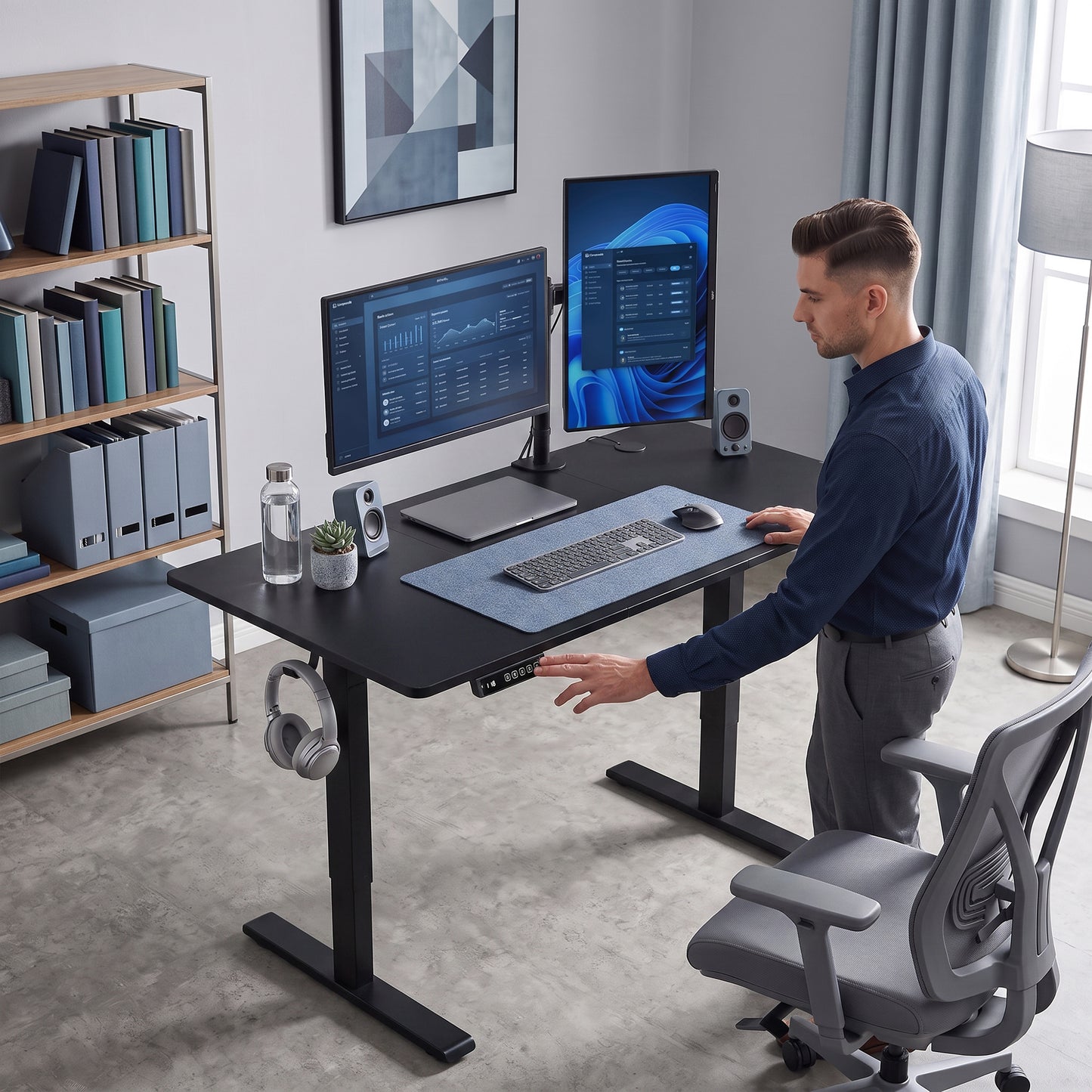 HOMCOM Standing Desk Memory Control Height Adjustable Desk 2 Cable Holes LED Display Sit Stand Desk Black