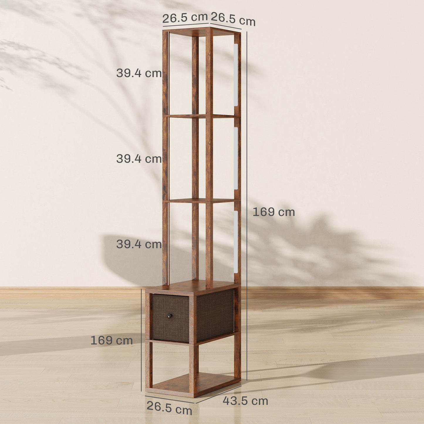 HOMCOM Floor Lamp with Shelves, LED Column Modern Standing Lamp with Fabric Drawer, Adjustable Brightness, Foot Switch for Living Room, Bedroom, Office, Rustic Brown