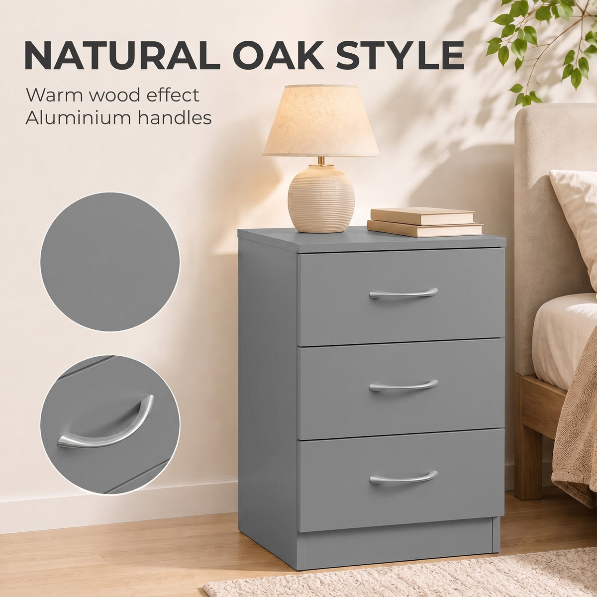 HOMCOM Three-Drawer Simple Bedside Table - Grey