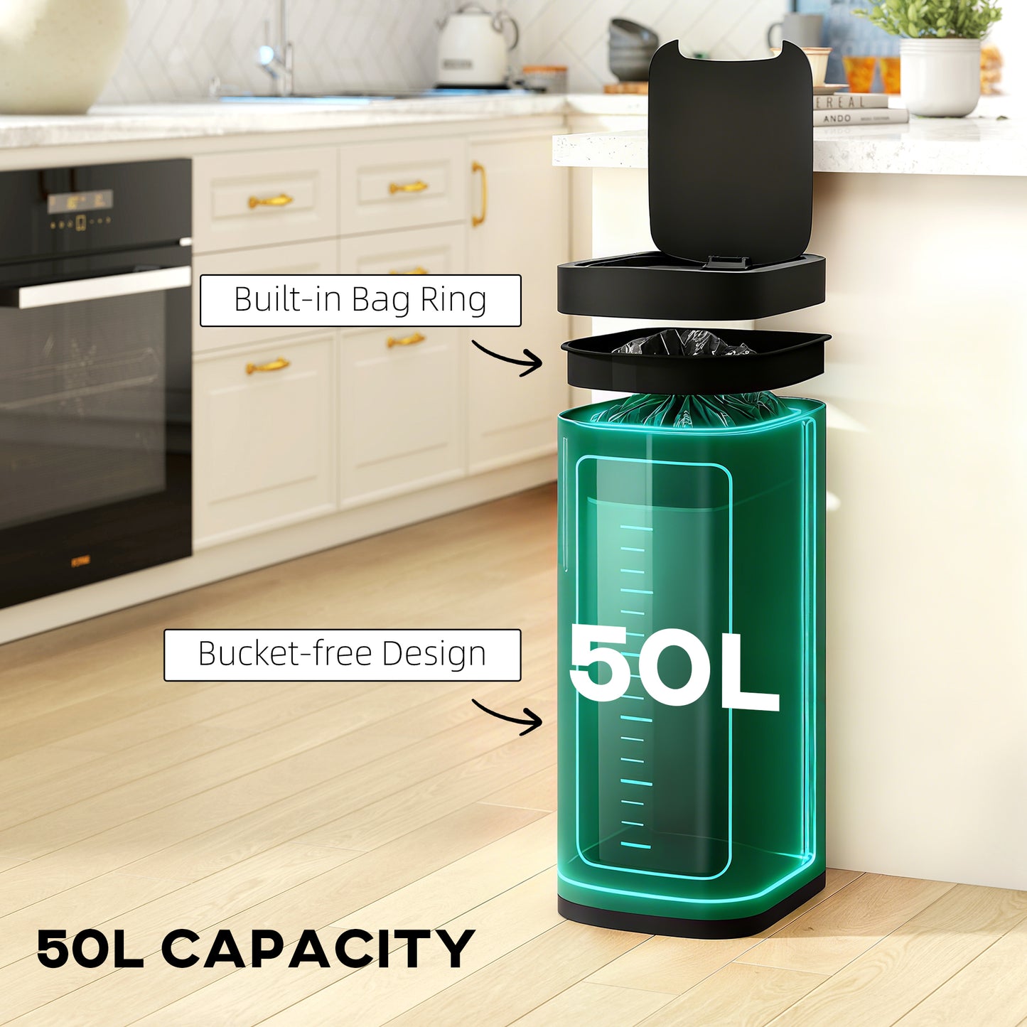 HOMCOM 50L Sensor Bin, Automatic Kitchen Bin, Manual Override, Battery Operated, Inner-Bucket-Free, for Kitchen, Bedroom