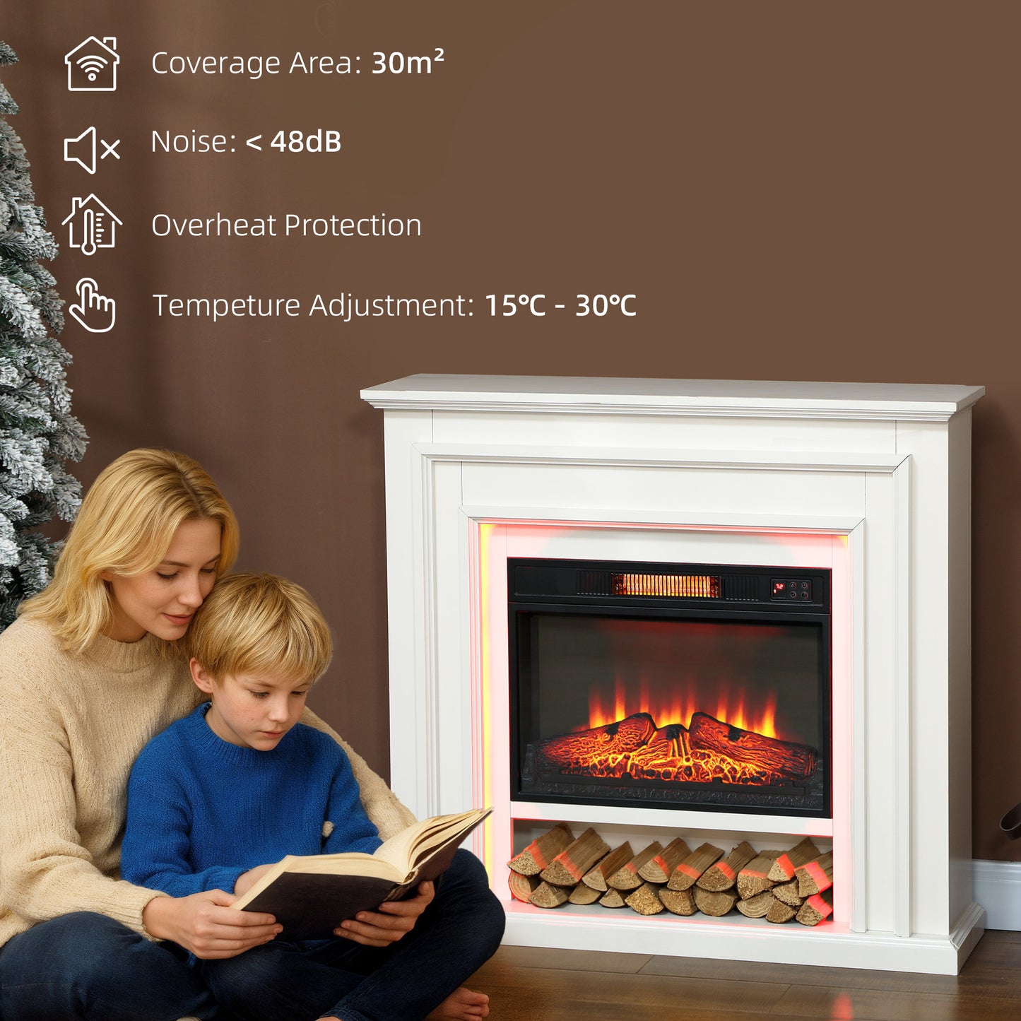 HOMCOM Electric Fireplace with RGB LED Lights, Realistic Flame Effect & 3 Brightness Levels, 1800W Inset Electric Fire and Mantel Reach up to 30 mÂ² Space with Remote & Timer for Living Room, White