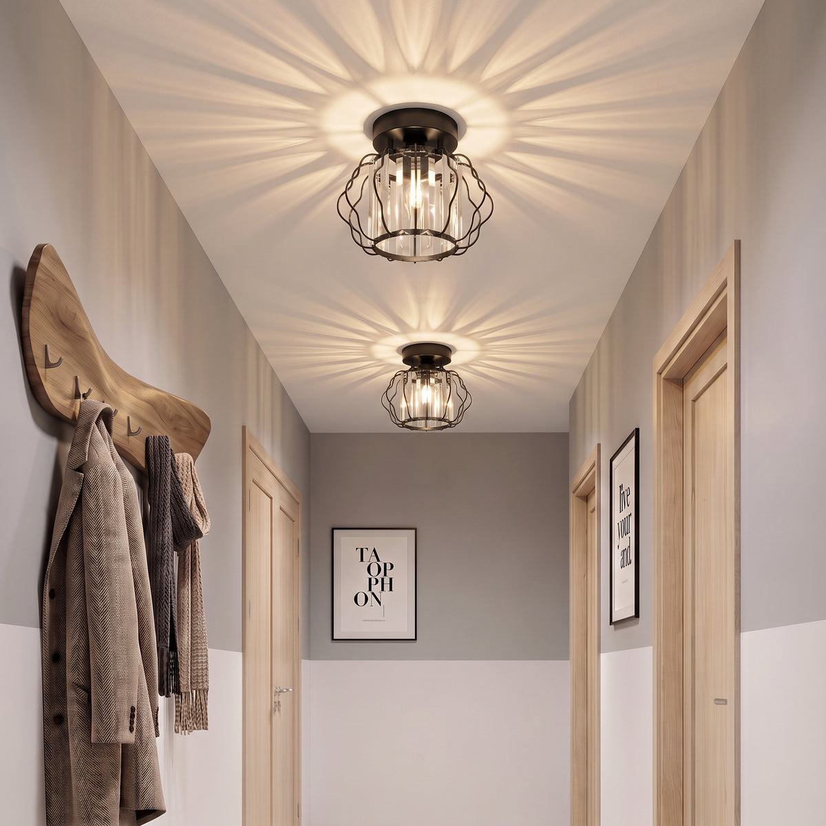 HOMCOM Crystal Ceiling Light Fixtures, Modern Semi-Flush Ceiling Lighting with Crystal Strips, 2 Pack, Black