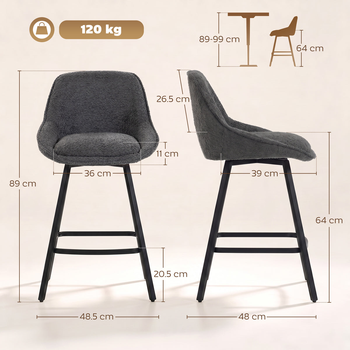 HOMCOM Bar Stools Set of 2, 64 cm Modern Linen-Touch Fabric 360Â° Swivel Counter Height Bar Chairs, Dark Grey
