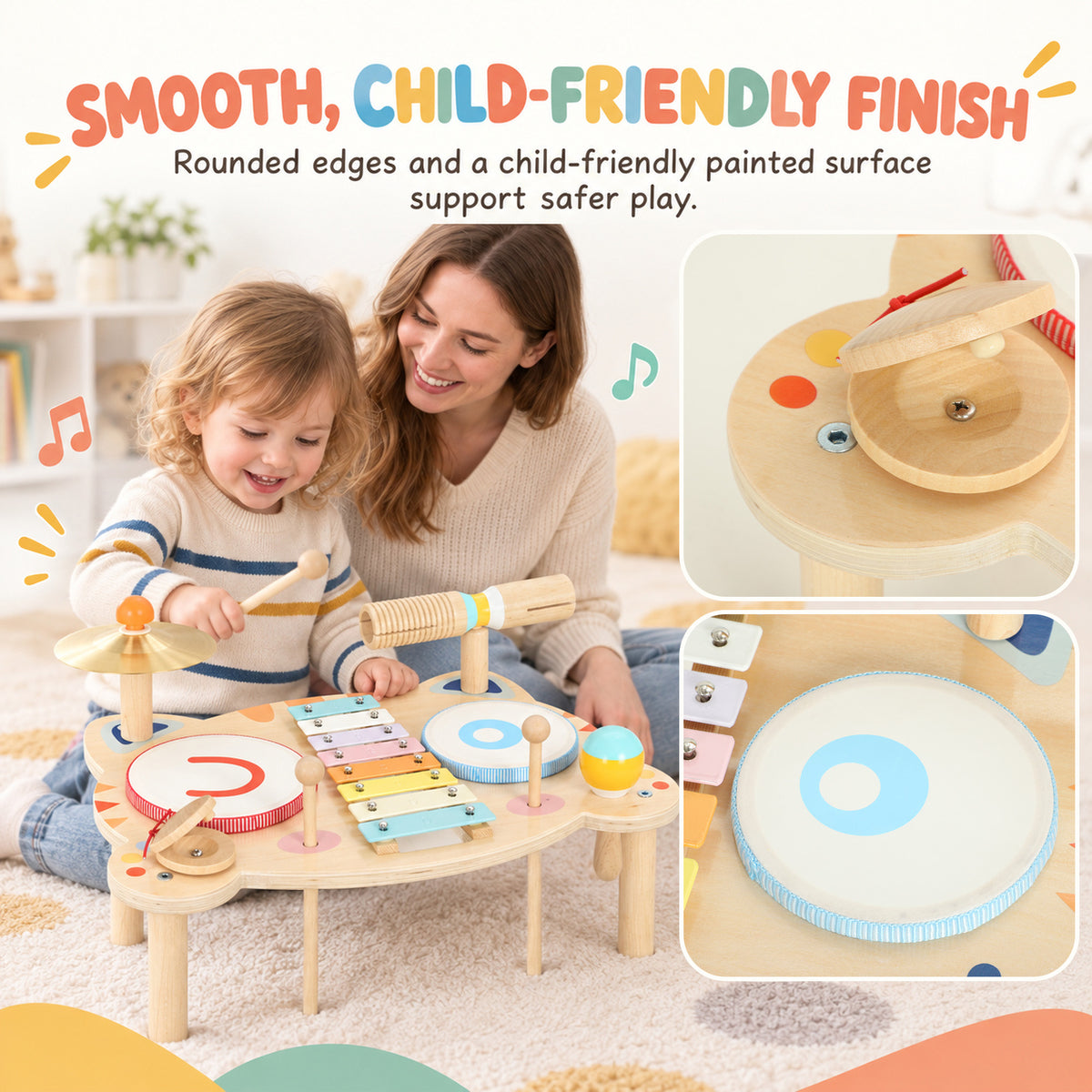 AIYAPLAY Kids Drum Kit, Wooden Musical Instruments with Xylophone, 2 Drums, Cymbal, Shaker, Wood Block, Gift for 18 M-6 Years