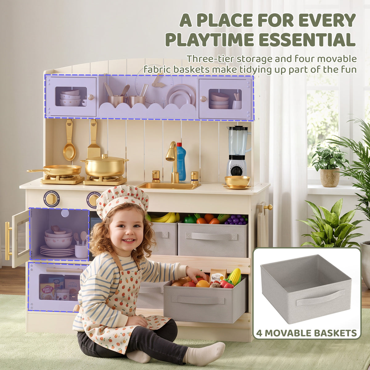 AIYAPLAY Kids Play Kitchen with Lights & Sounds, Pretend Play Toy set with 4 Fabric Drawers, 12-Piece Accessories for 3-6 Years