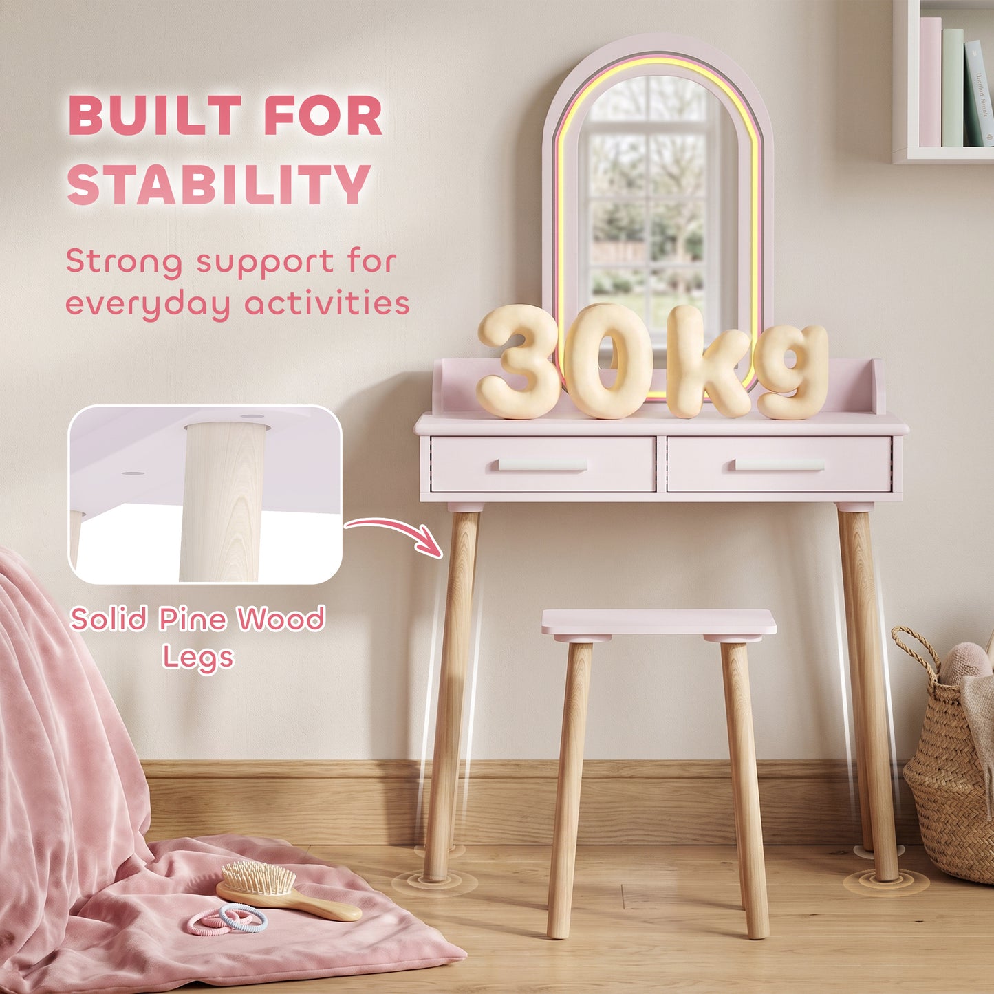 AIYAPLAY Kids Dressing Table, Girls Vanity Set with Stool, 3-Colour LED Lights Mirror, Large Drawer for Ages 3-8, Pink