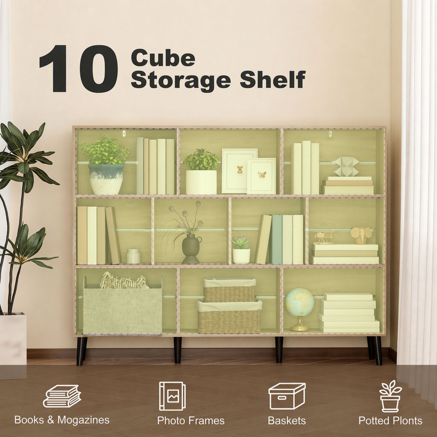 HOMCOM 10-Cube Bookcase, 3-Tier Book Shelf with Solid Wood Legs, 140 cm Modern Bookshelf with Anti-Tip Kit, Oak