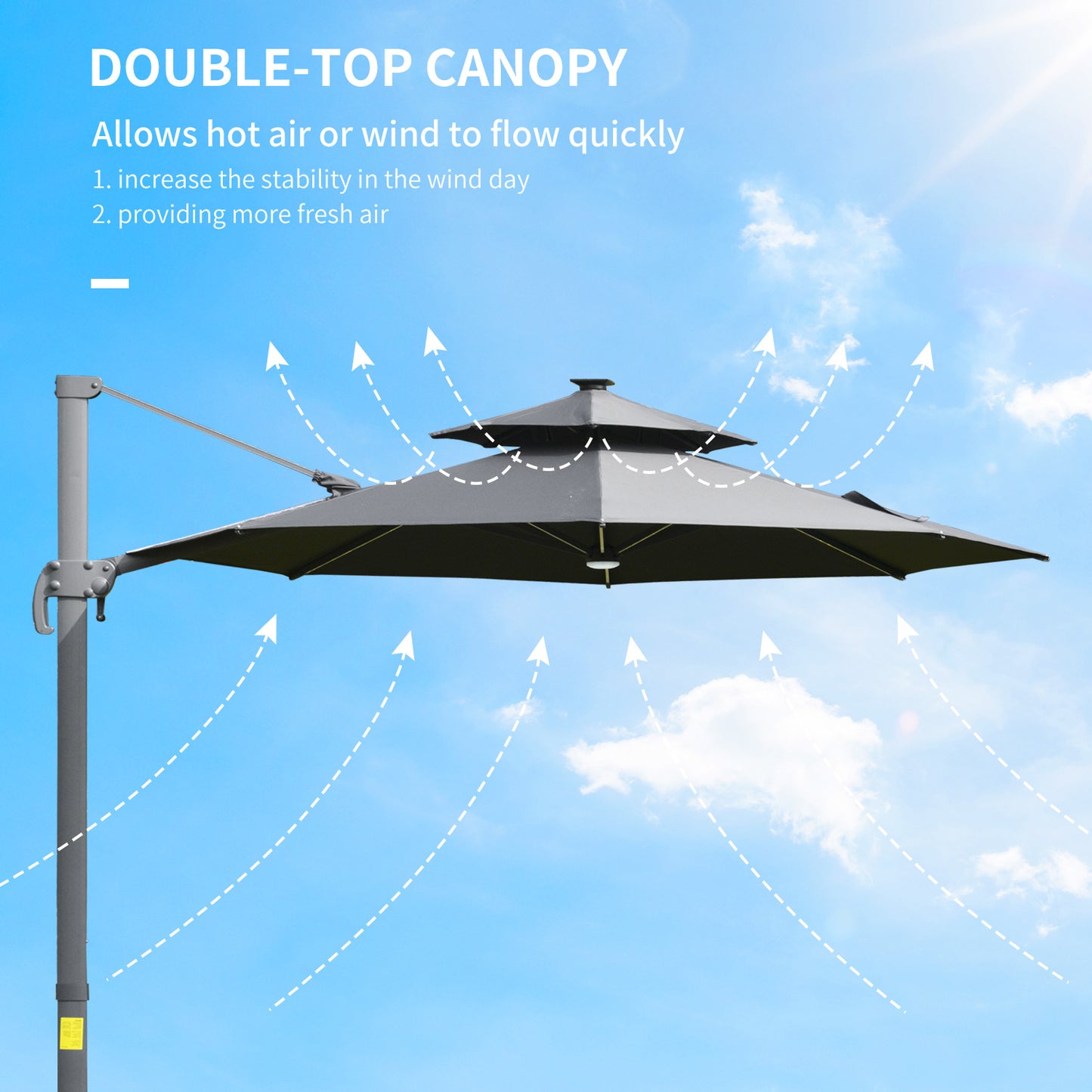 Outsunny 3m Cantilever Parasol w/ Solar Lights Power Bank Base 360Â° Spin Dark Grey