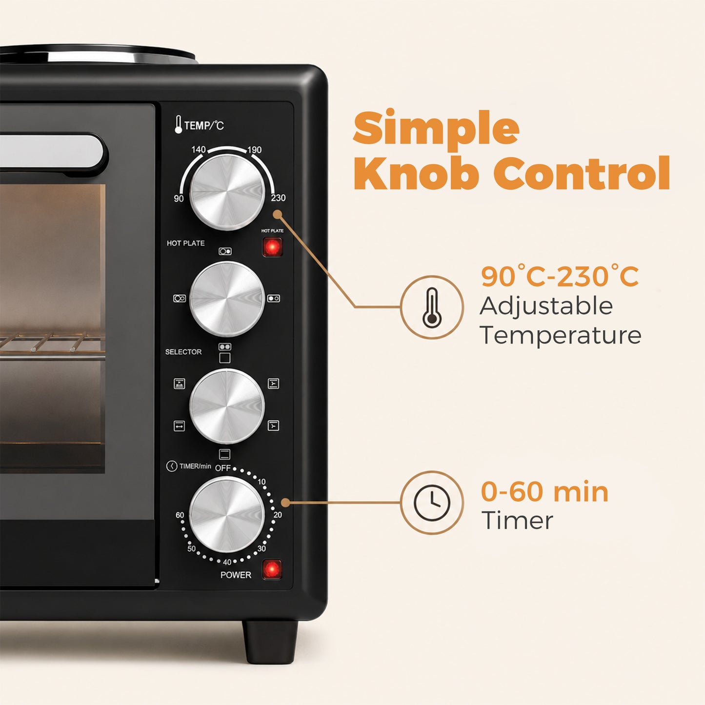 HOMCOM 36L Mini Oven with Dual Hot Plates, Electric Countertop Cooker with Convection, 90â€“230Â°C Adjustable Temperature