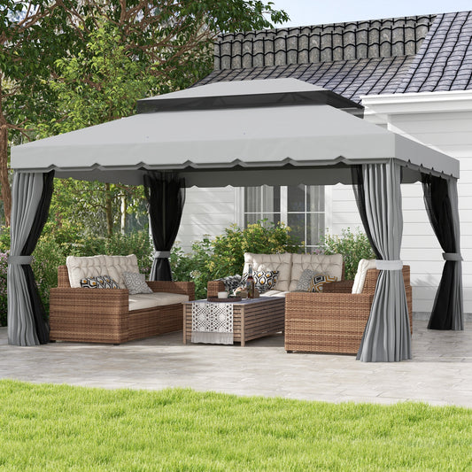 Outsunny 3 x 4m Aluminium GardenÂ Gazebo, Marquee Canopy Shelter Pavilion Party Tent with Nets and Curtains for Garden and Deck, Light Grey