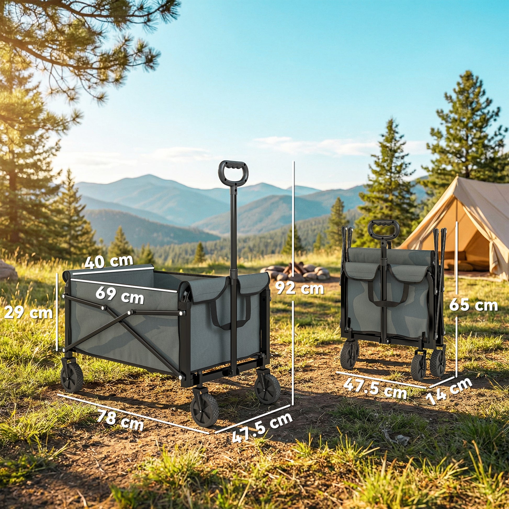 Outsunny 81L Festival Trolley on Wheels, Compact Garden Folding Trolley Cart with Adjustable Handle 80L, Grey