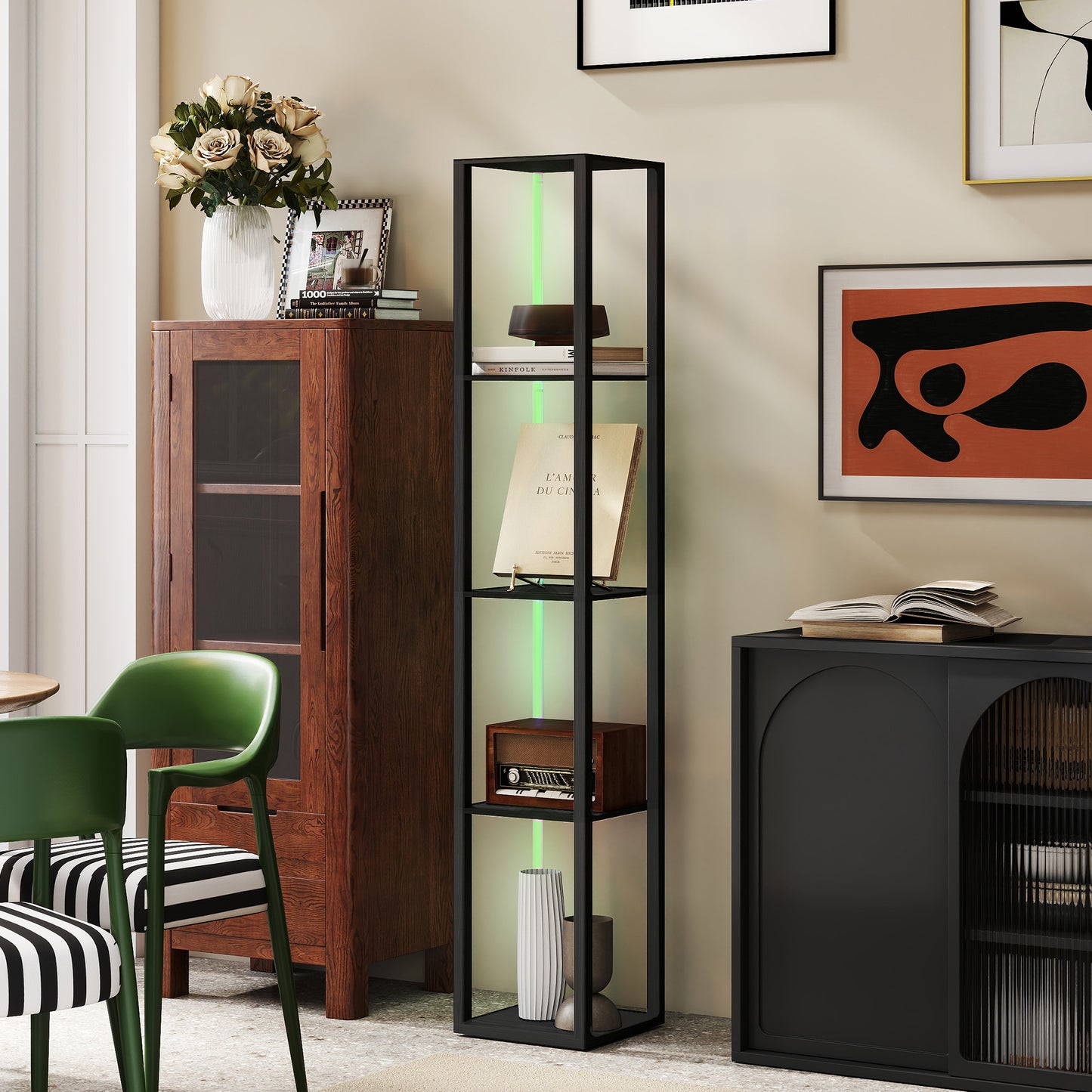 HOMCOM RGB LED Floor Lamp with Shelves, Modern Dimmable Standing Lamp with Remote Control, Adjustable Brightness & Speed for Living Room, Bedroom, Office, Black