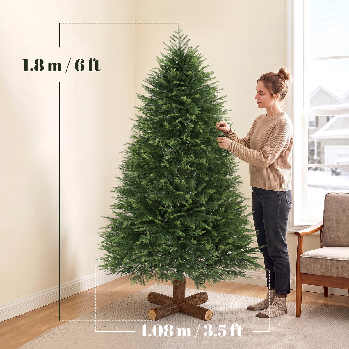HOMCOM 6ft Artificial Christmas Tree, Hinged Xmas Tree with Realistic 751 PE & PVC Branch Tips, Fir Wood Base, Green