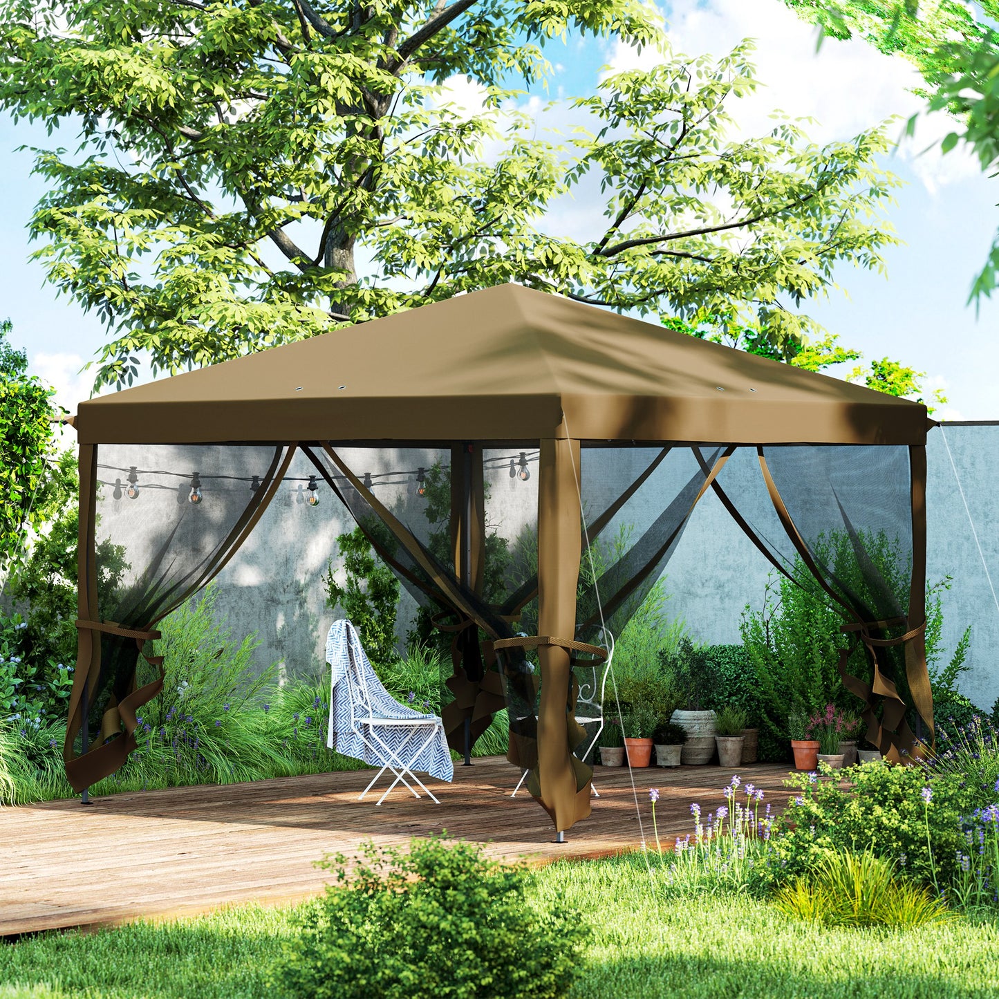 Outsunny 3 x 3Â m Pop Up Gazebo, 420D Garden Tent Canopy with Removable Mesh Sidewall Netting, Carry Bag for Garden Patio Outdoor, Khaki